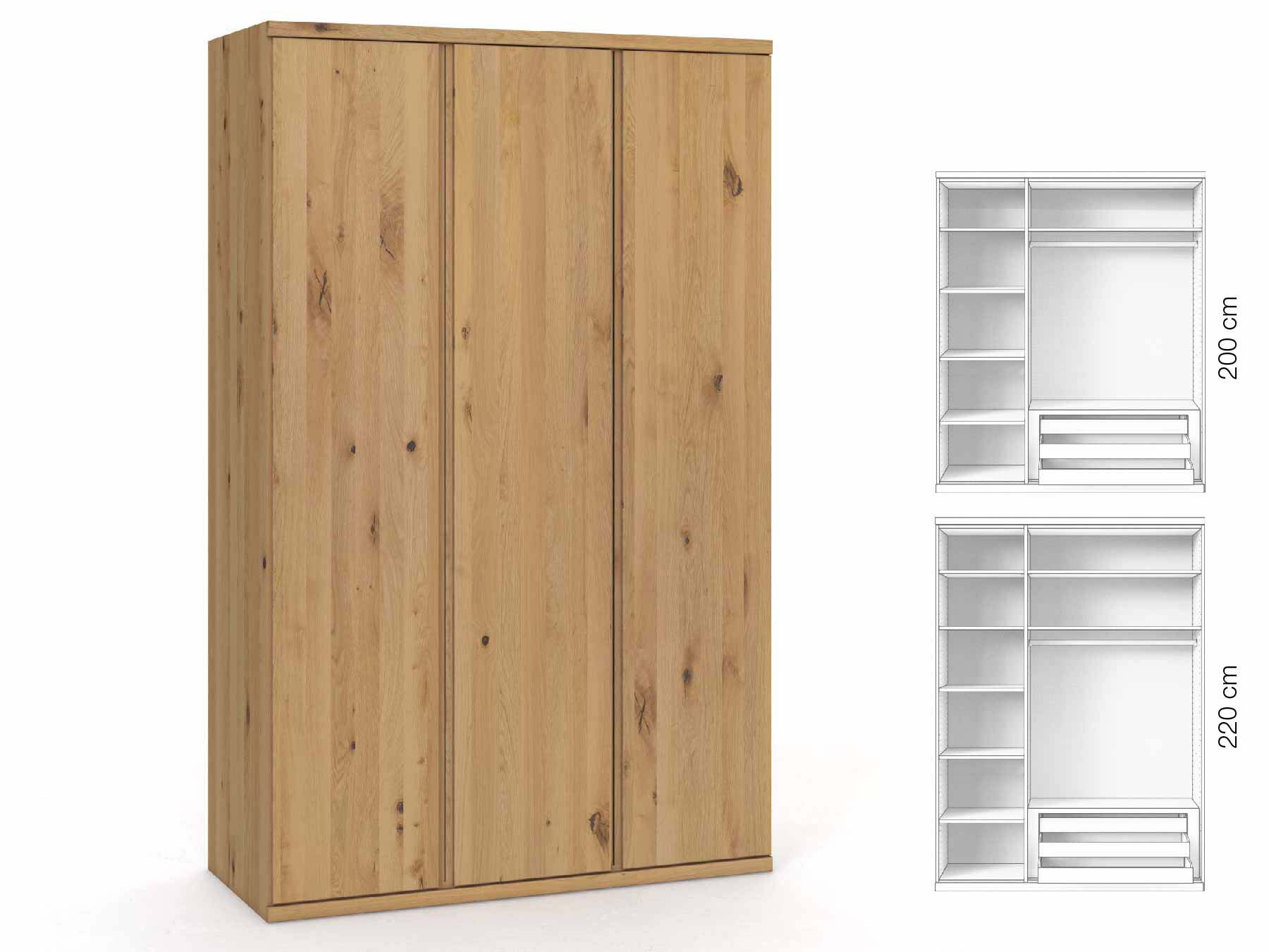 Wildeichenschrank Hell „Romana“, 3-türig, Höhe 220 cm, Griffausführung „Patrizia“, Inneneinrichtung: C
