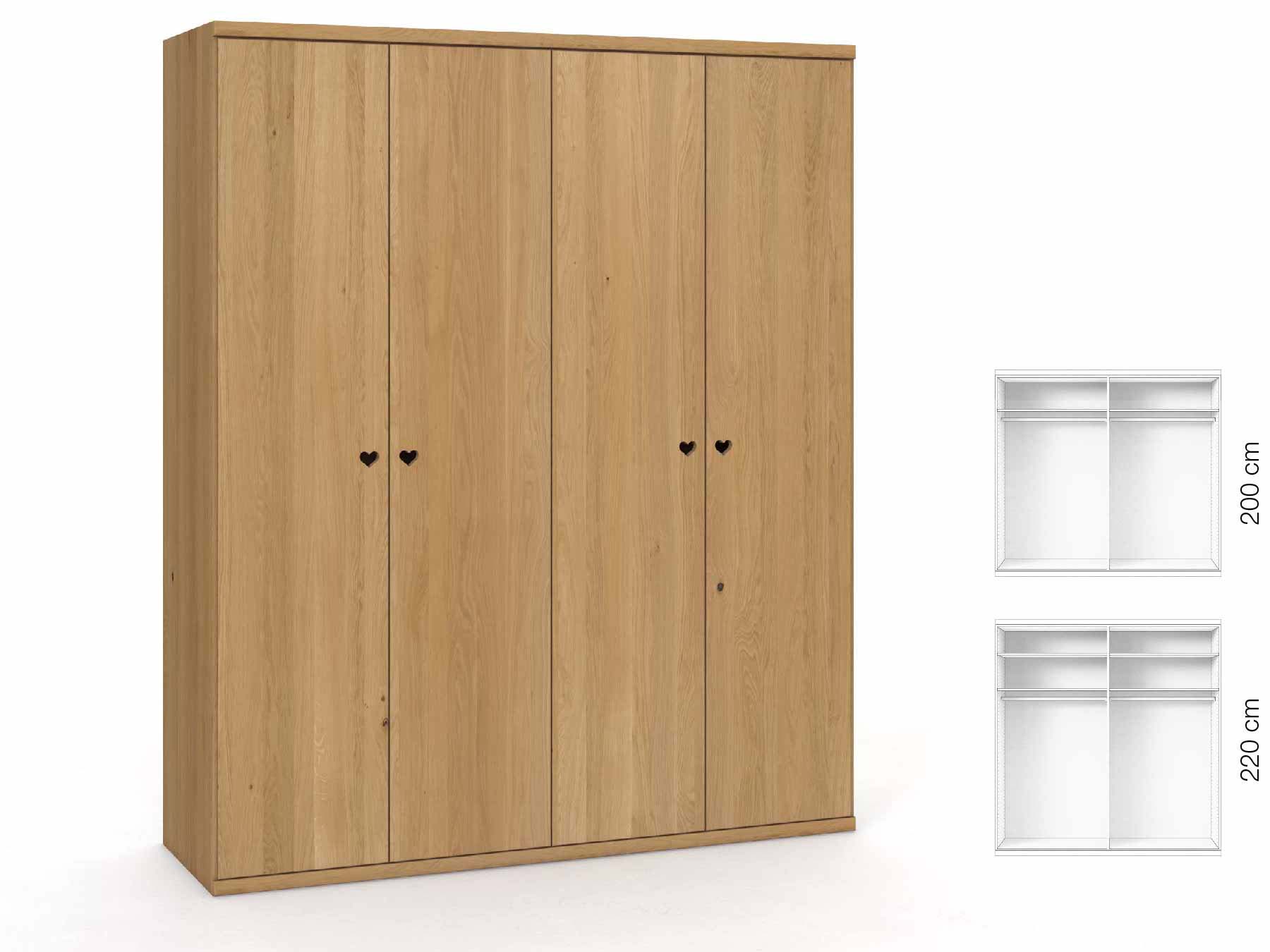 Eichenschrank Hell „Romana“, 4-türig, Höhe 220 cm, Griffausführung „Heidi“, Inneneinrichtung: A