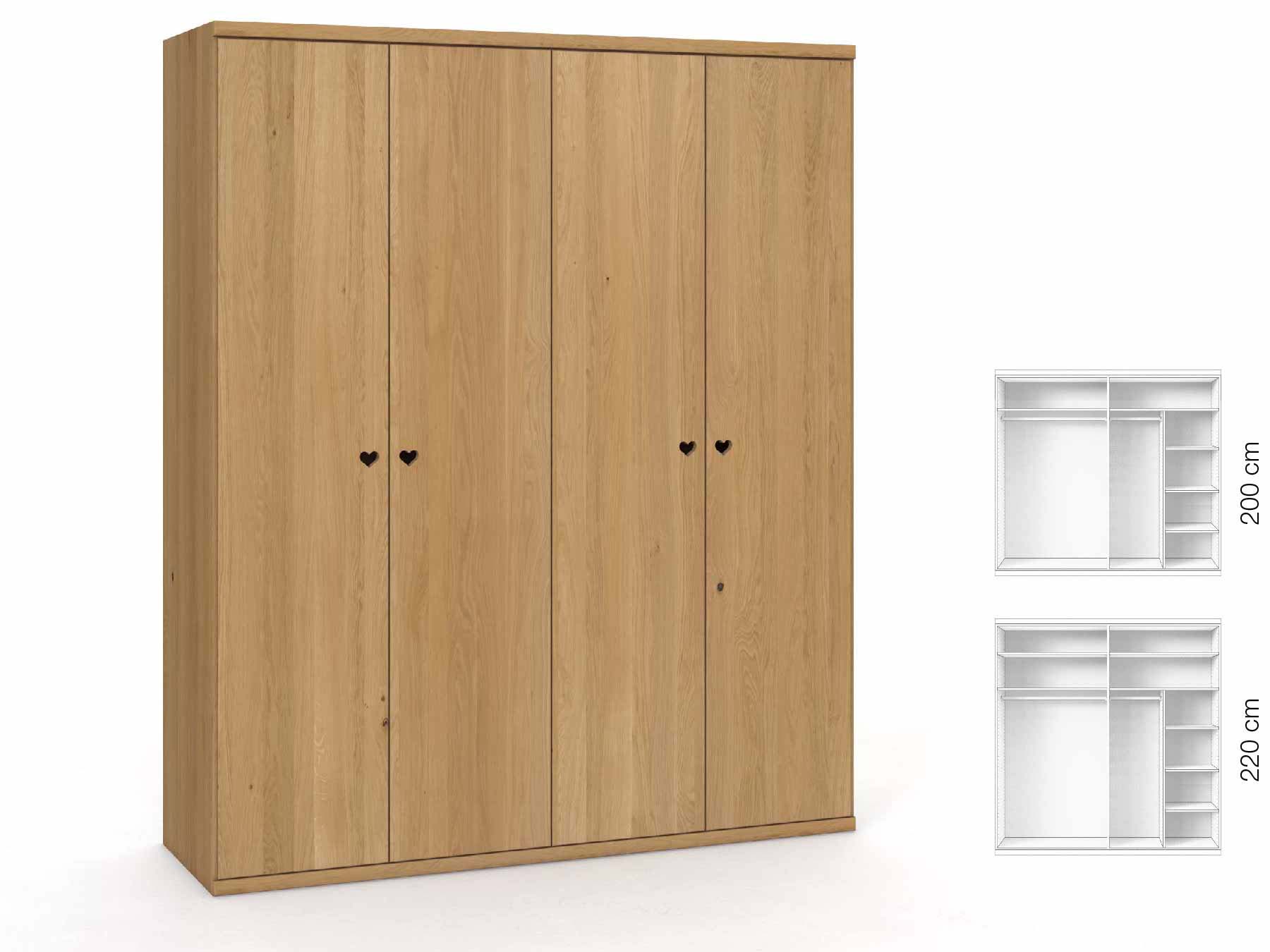 Eichenschrank Hell „Romana“, 4-türig, Höhe 220 cm, Griffausführung „Heidi“, Inneneinrichtung: B
