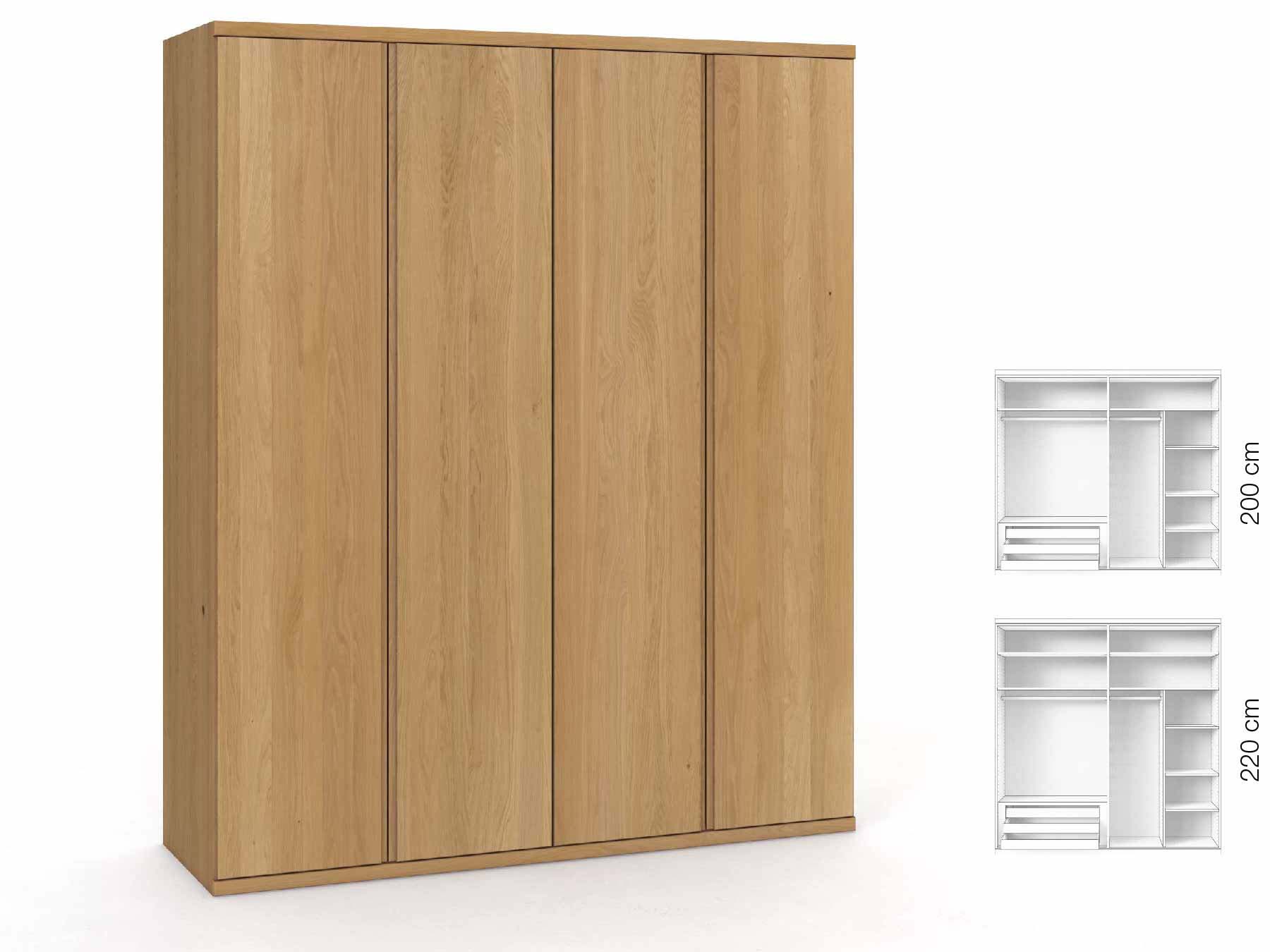 Eichenschrank Hell „Romana“, 4-türig, Höhe 220 cm, Griffausführung „Patrizia“, Inneneinrichtung: C