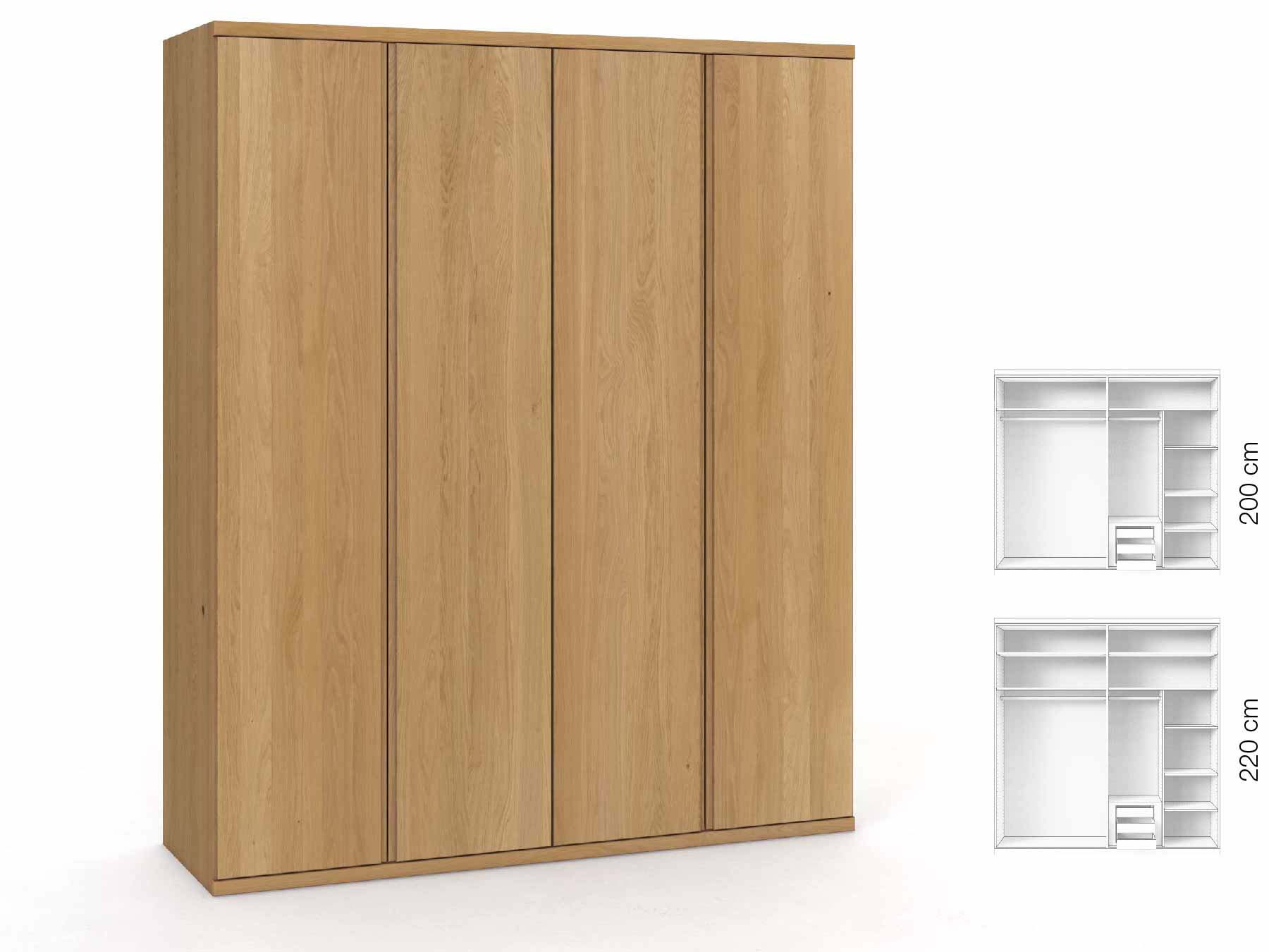 Eichenschrank Hell „Romana“, 4-türig, Höhe 220 cm, Griffausführung „Patrizia“, Inneneinrichtung: D