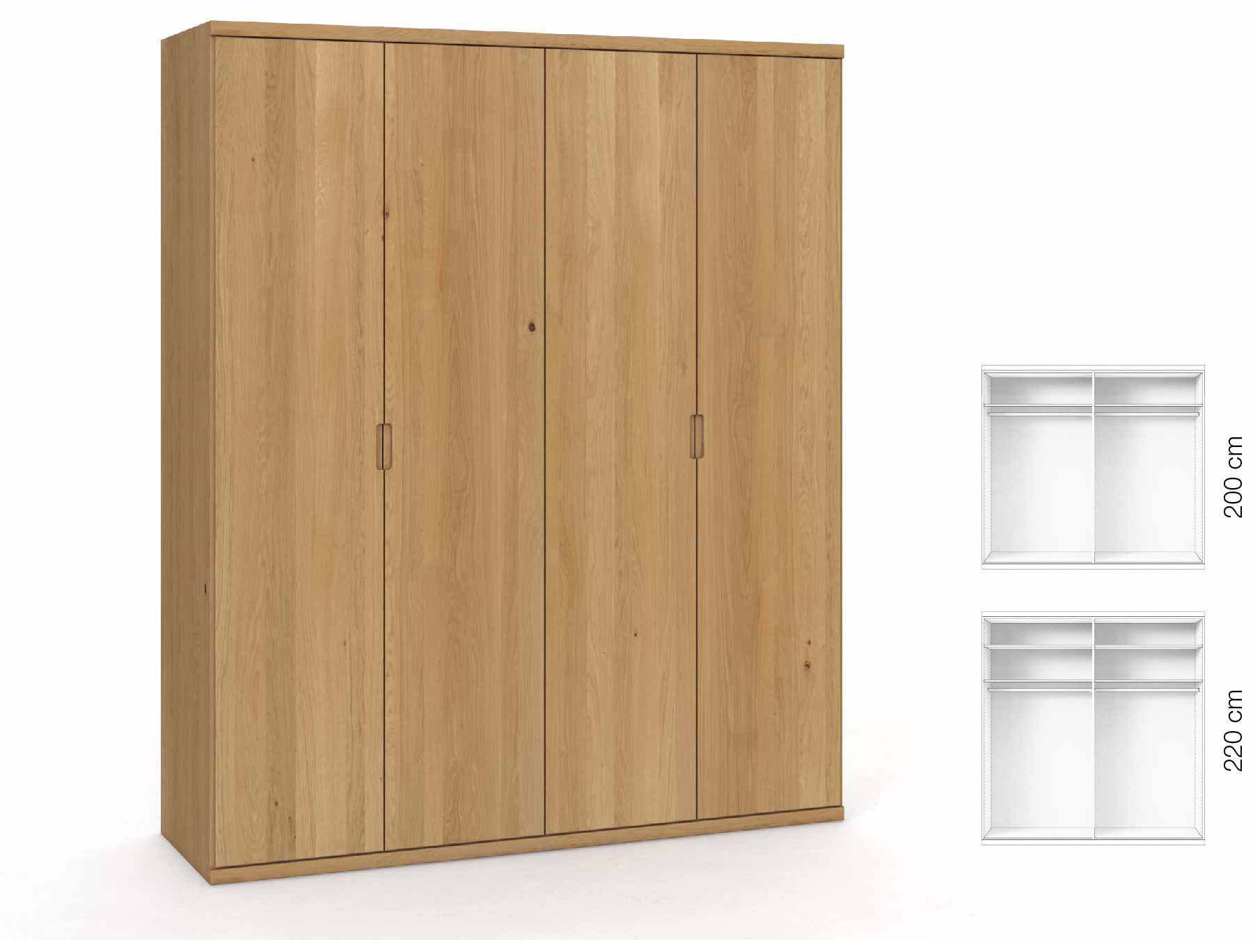 Eichenschrank Hell „Romana“, 4-türig, Höhe 220 cm, Griffausführung „Lukas“, Inneneinrichtung: A