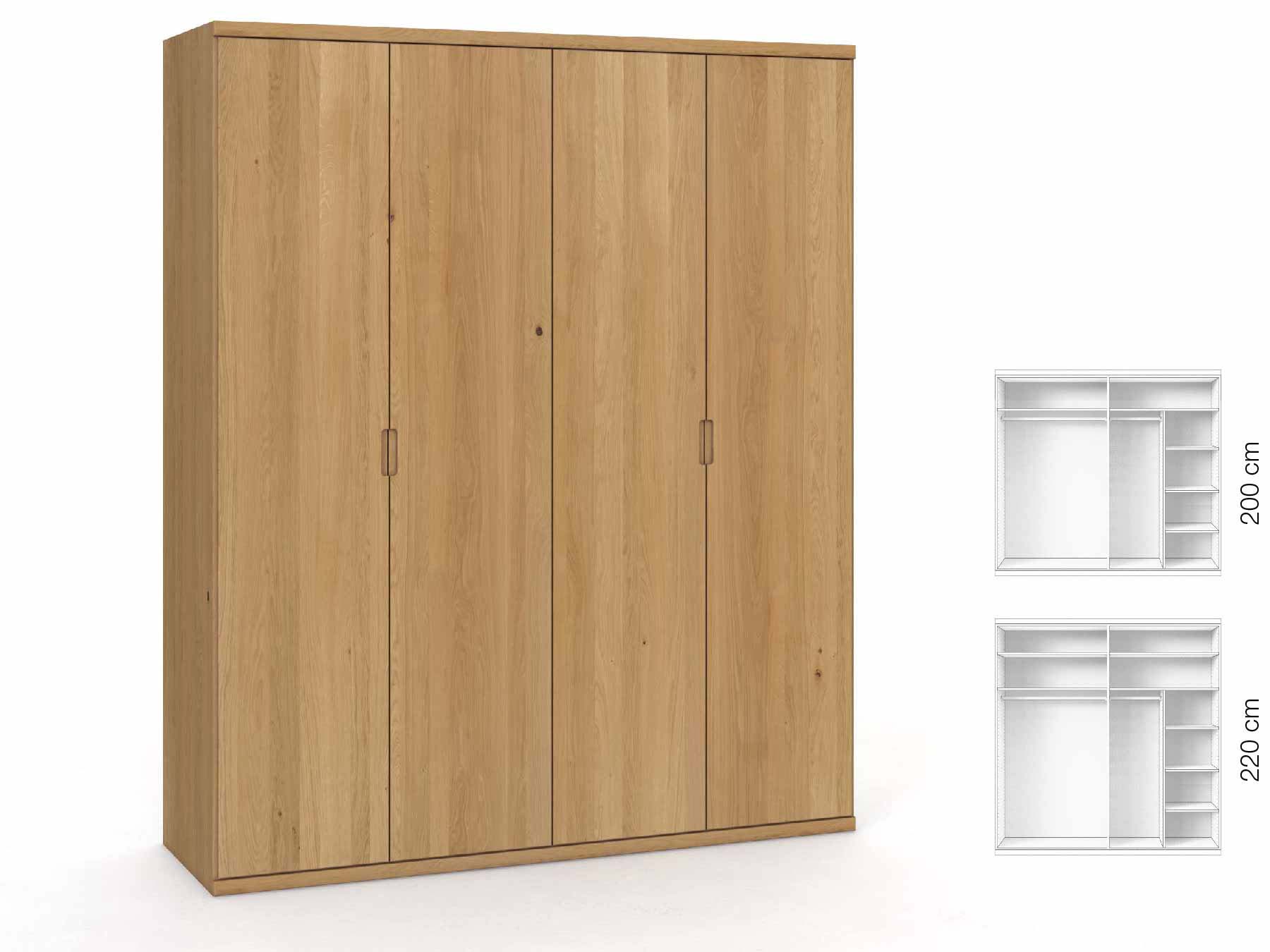 Eichenschrank Hell „Romana“, 4-türig, Höhe 220 cm, Griffausführung „Lukas“, Inneneinrichtung: B