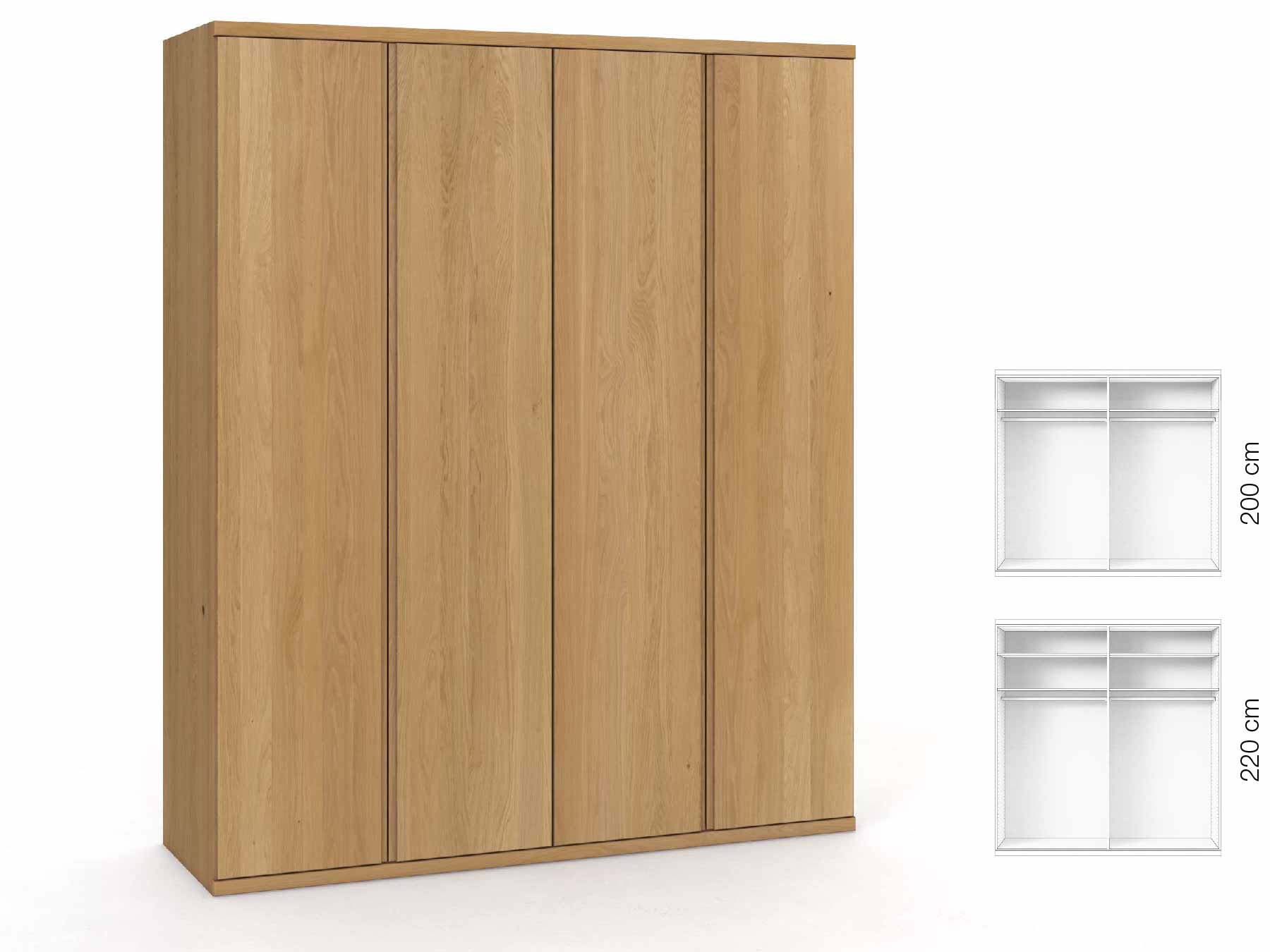 Eichenschrank Hell „Romana“, 4-türig, Höhe 220 cm, Griffausführung „Patrizia“, Inneneinrichtung: A