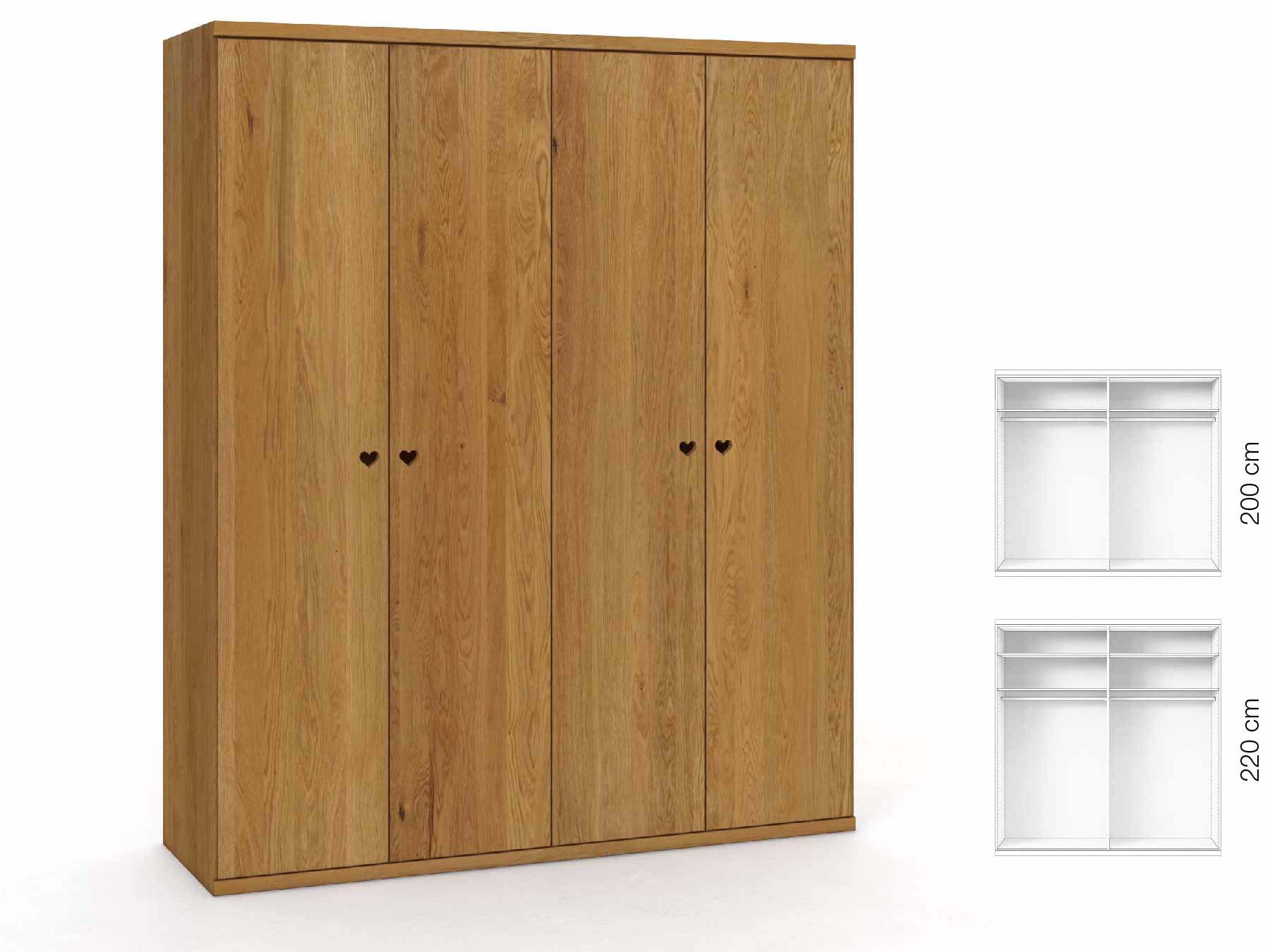 Eichenschrank „Romana“, 4-türig, Höhe 220 cm, Griffausführung „Heidi“, Inneneinrichtung: A