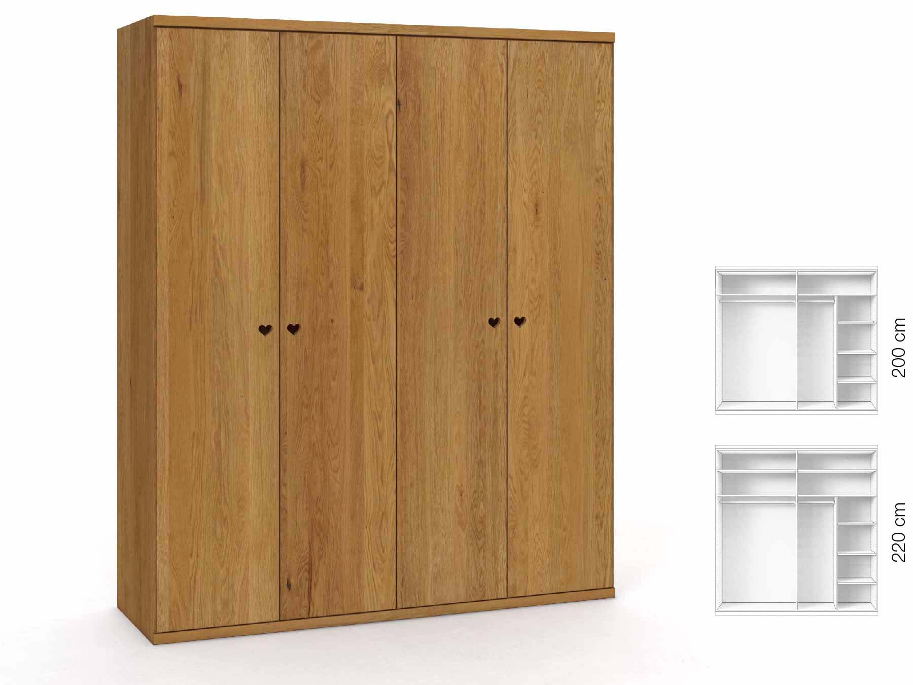 Eichenschrank „Romana“, 4-türig, Höhe 220 cm, Griffausführung „Heidi“, Inneneinrichtung: B