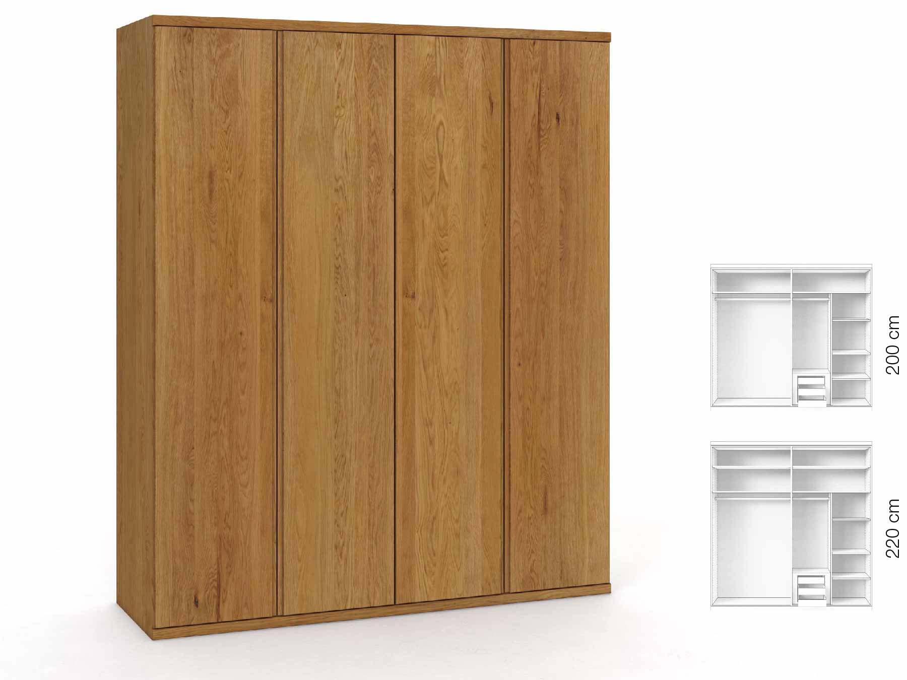 Eichenschrank „Romana“, 4-türig, Höhe 220 cm, Griffausführung „Patrizia“, Inneneinrichtung: C