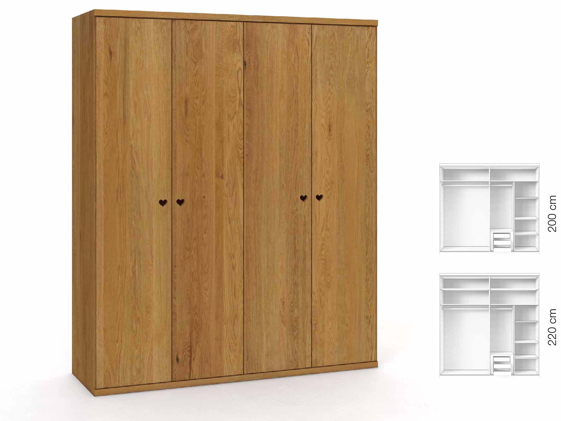 Eichenschrank „Romana“, 4-türig, Höhe 220 cm, Griffausführung „Heidi“, Inneneinrichtung: C