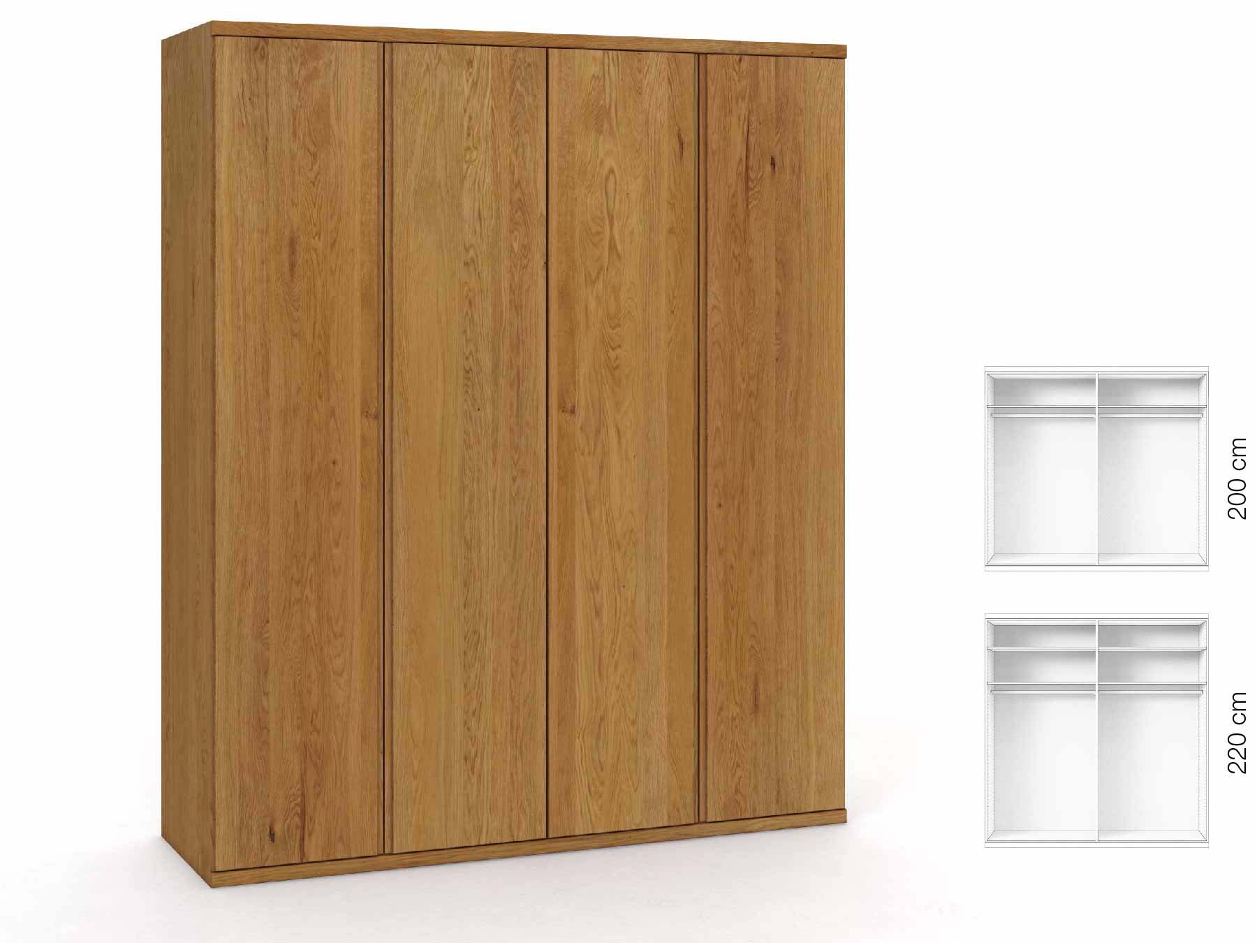 Eichenschrank „Romana“, 4-türig, Höhe 220 cm, Griffausführung „Patrizia“, Inneneinrichtung: A