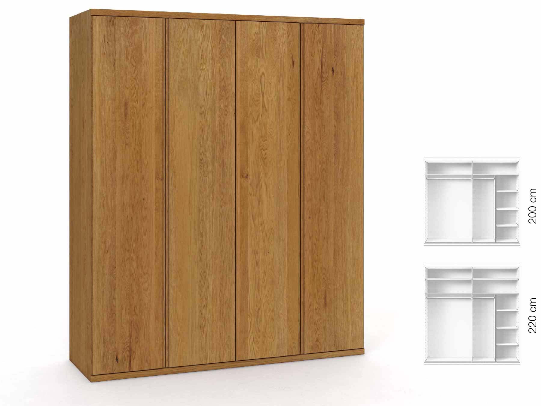 Eichenschrank „Romana“, 4-türig, Höhe 220 cm, Griffausführung „Patrizia“, Inneneinrichtung: B