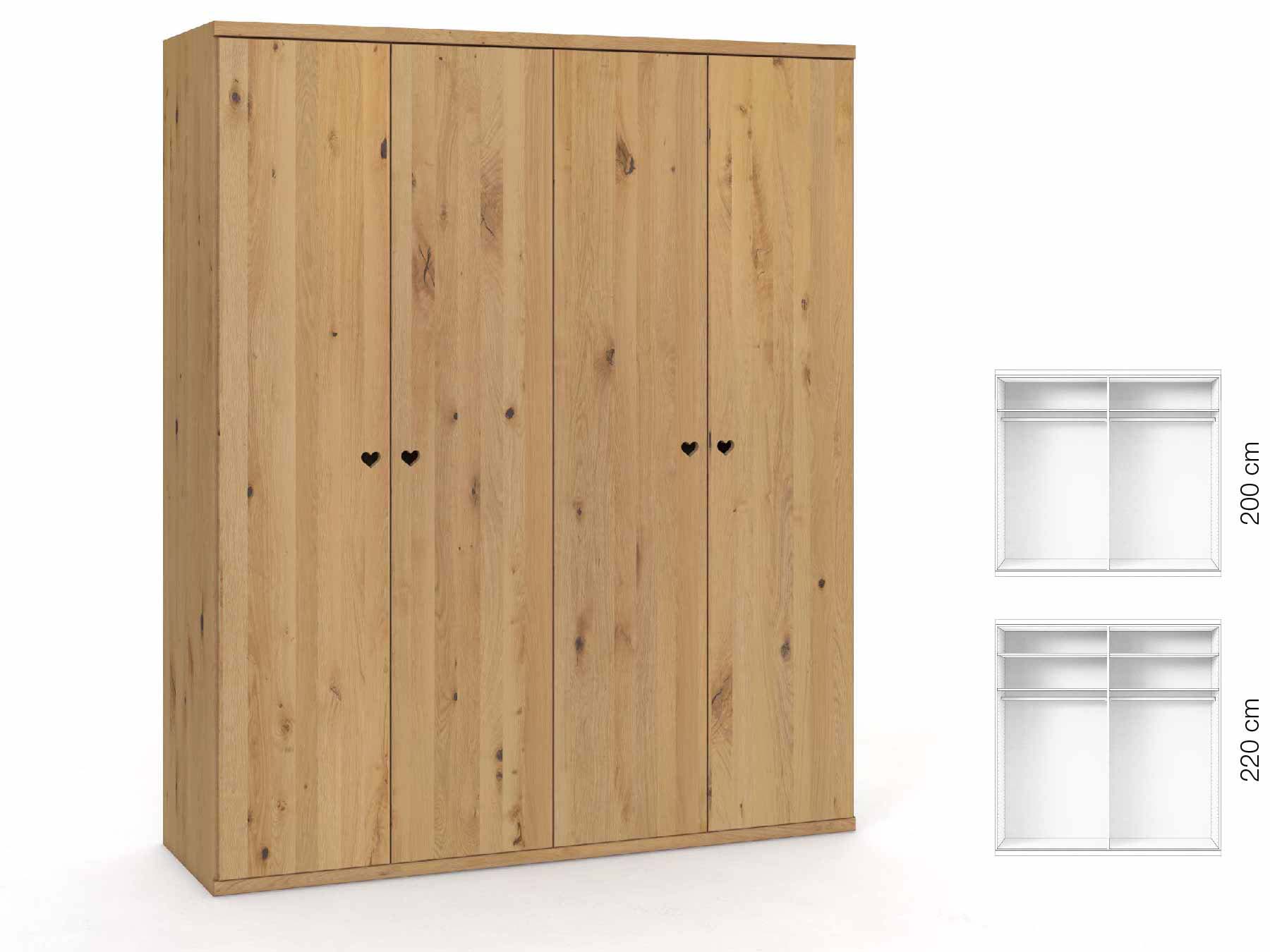 Wildeichenschrank Hell „Romana“, 4-türig, Höhe 220 cm, Griffausführung „Heidi“, Inneneinrichtung: A