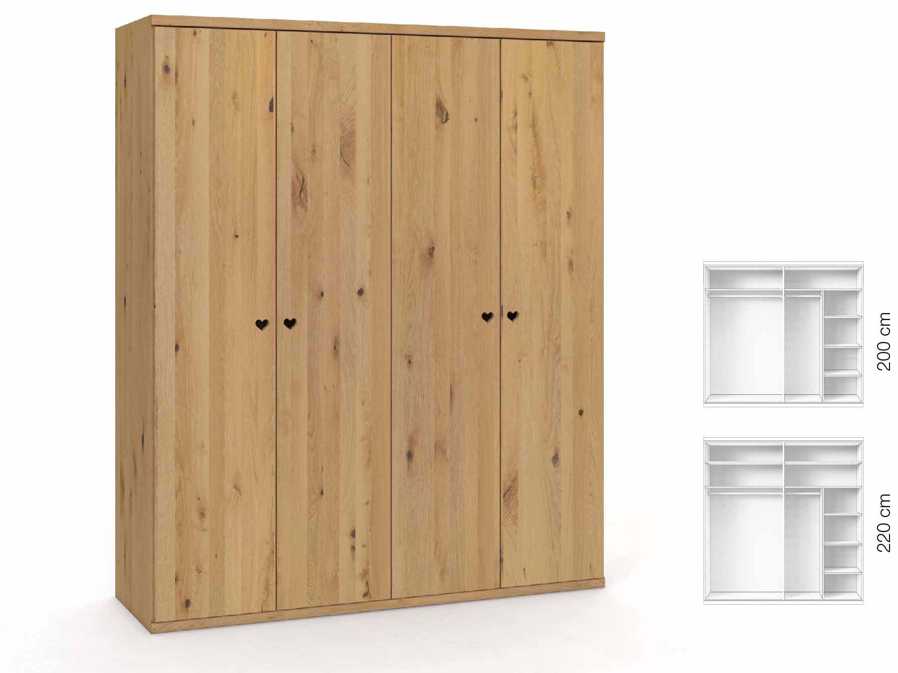 Wildeichenschrank Hell „Romana“, 4-türig, Höhe 220 cm, Griffausführung „Heidi“, Inneneinrichtung: B