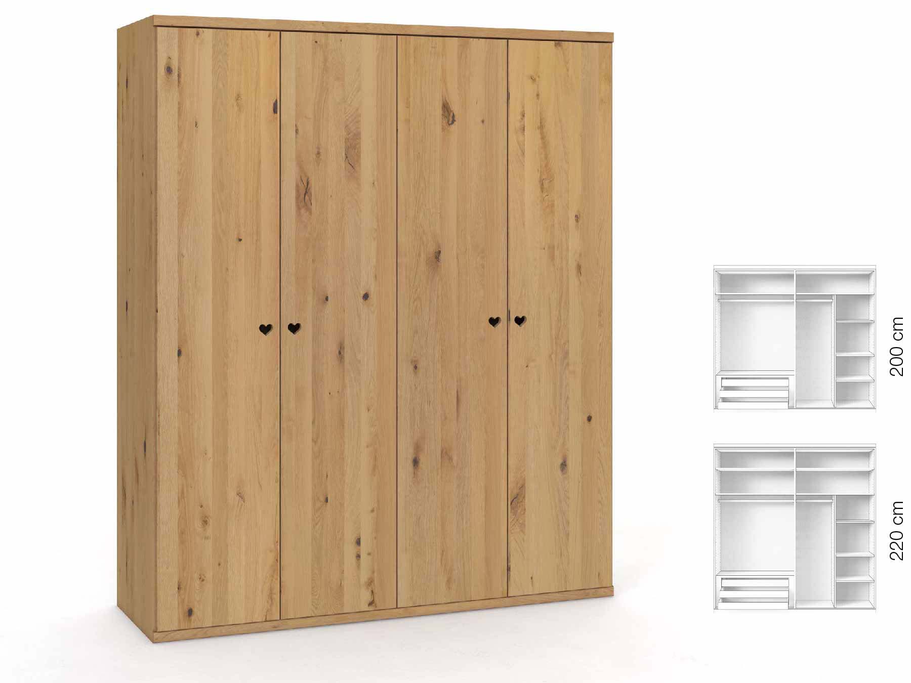 Wildeichenschrank Hell „Romana“, 4-türig, Höhe 220 cm, Griffausführung „Heidi“, Inneneinrichtung: C