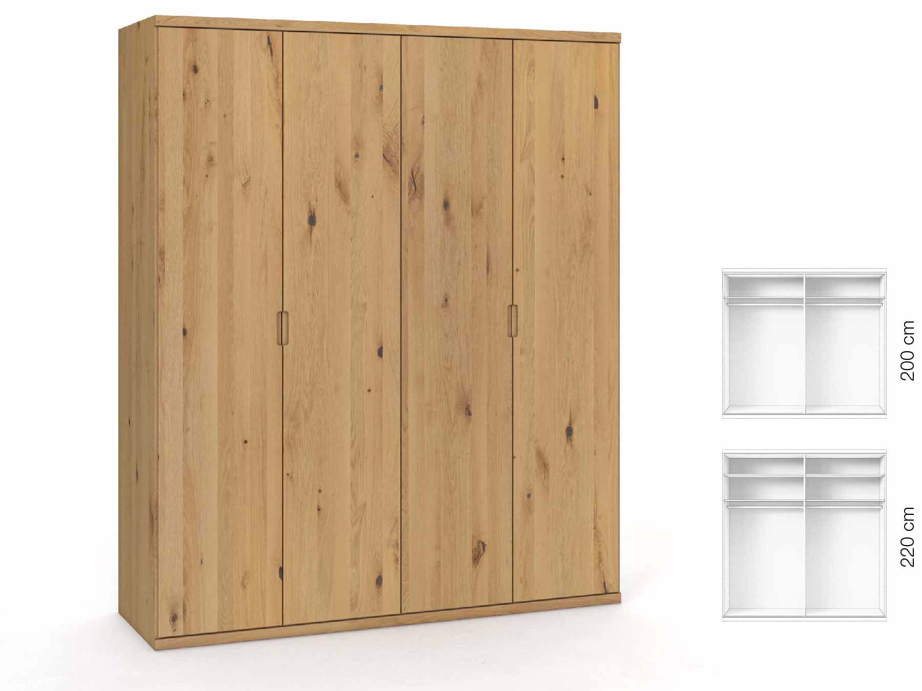 Wildeichenschrank Hell „Romana“, 4-türig, Höhe 220 cm, Griffausführung „Lukas“, Inneneinrichtung: A