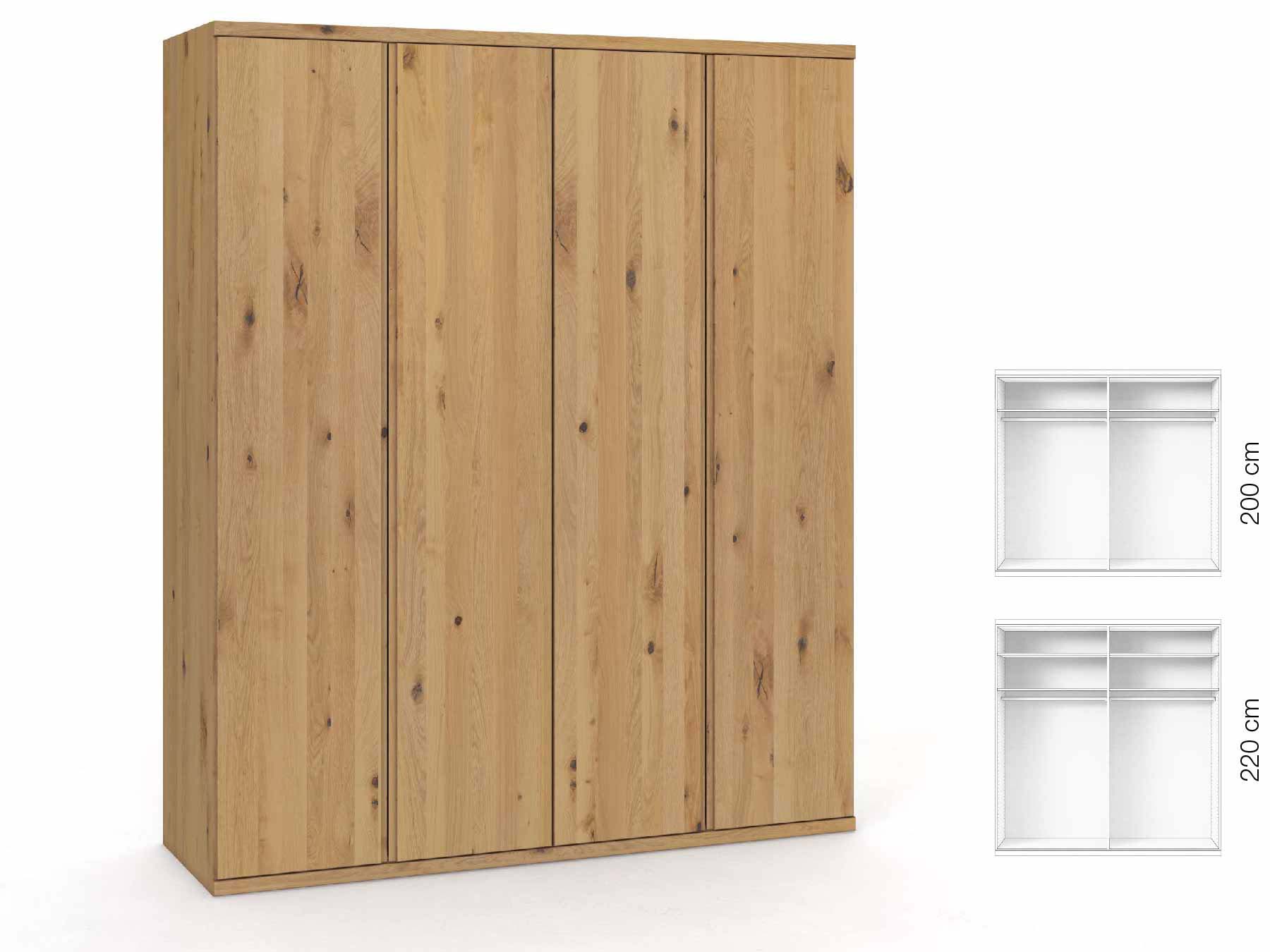 Wildeichenschrank Hell „Romana“, 4-türig, Höhe 220 cm, Griffausführung „Patrizia“, Inneneinrichtung: A