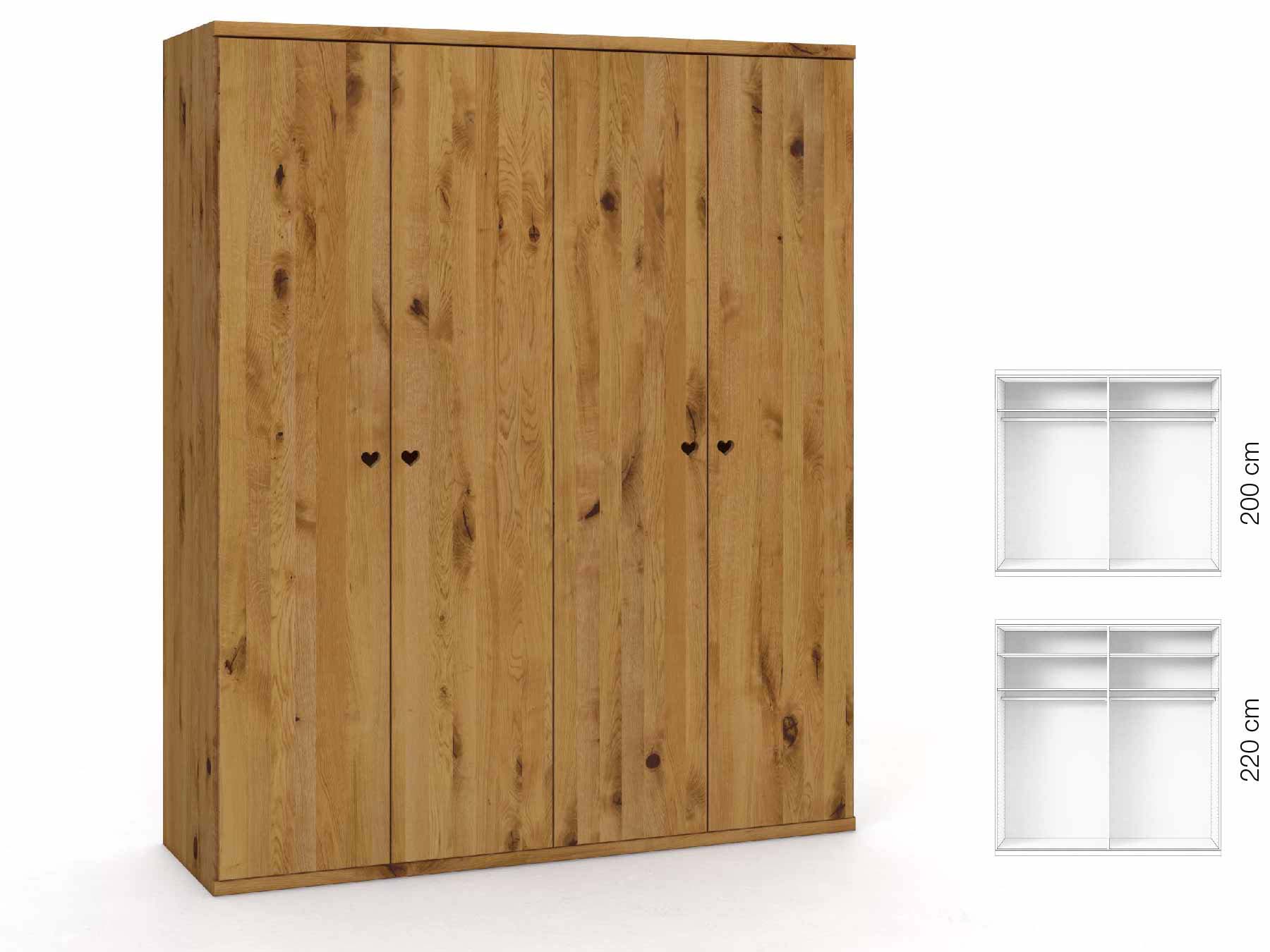 Wildeichenschrank „Romana“, 4-türig, Höhe 220 cm, Griffausführung „Heidi“, Inneneinrichtung: A