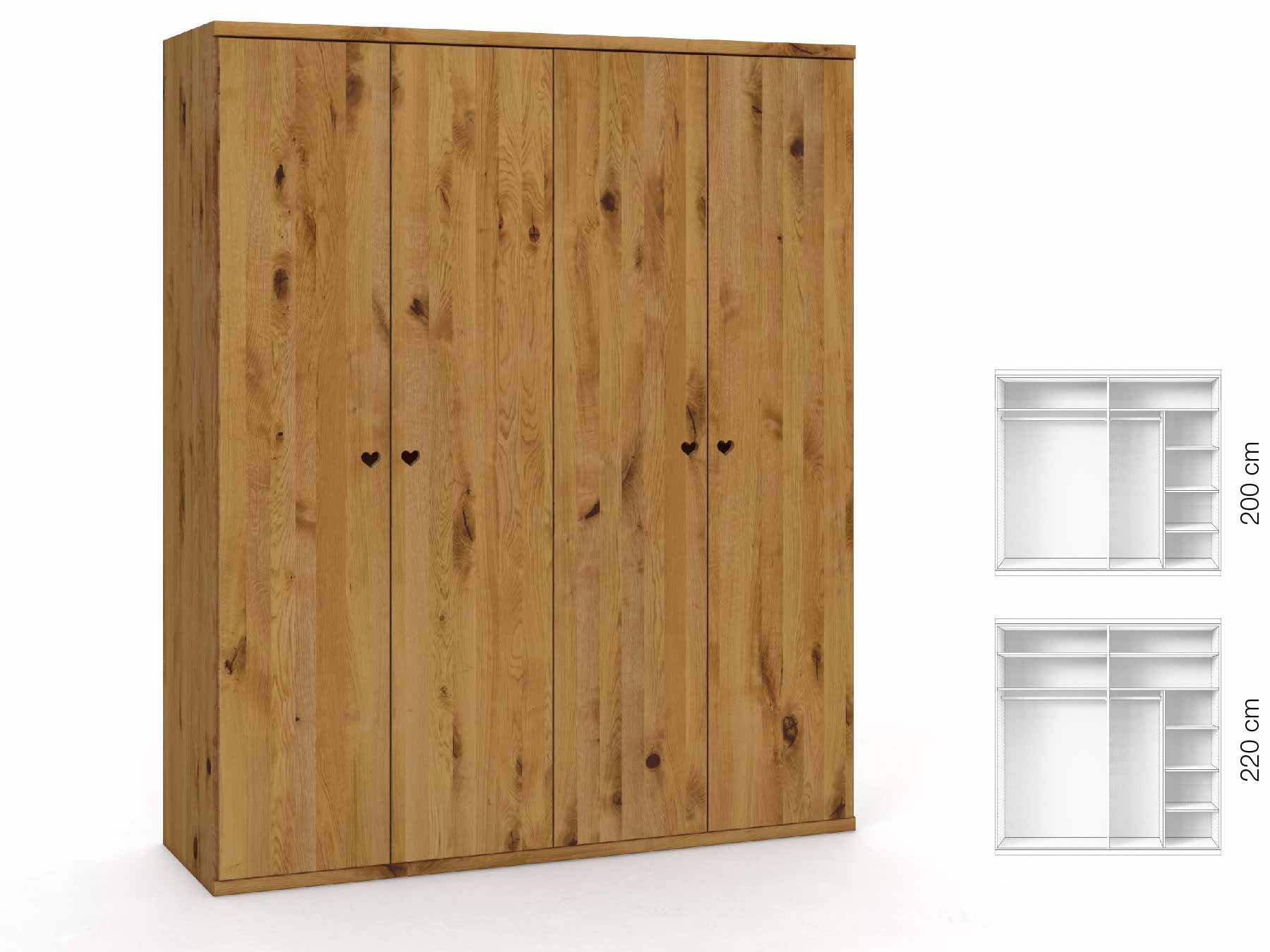 Wildeichenschrank „Romana“, 4-türig, Höhe 220 cm, Griffausführung „Heidi“, Inneneinrichtung: B