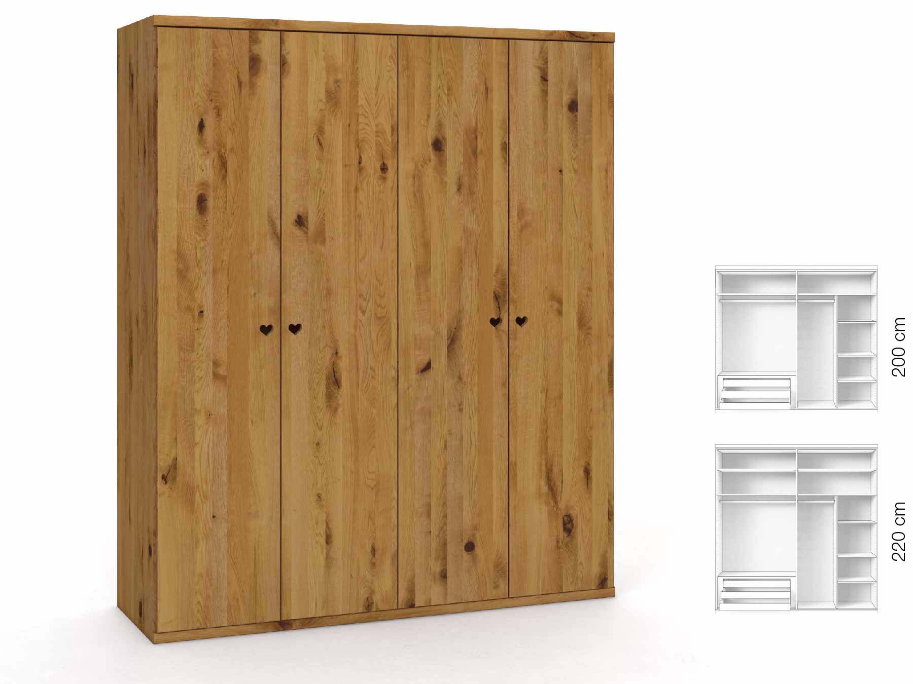 Wildeichenschrank „Romana“, 4-türig, Höhe 220 cm, Griffausführung „Heidi“, Inneneinrichtung: C