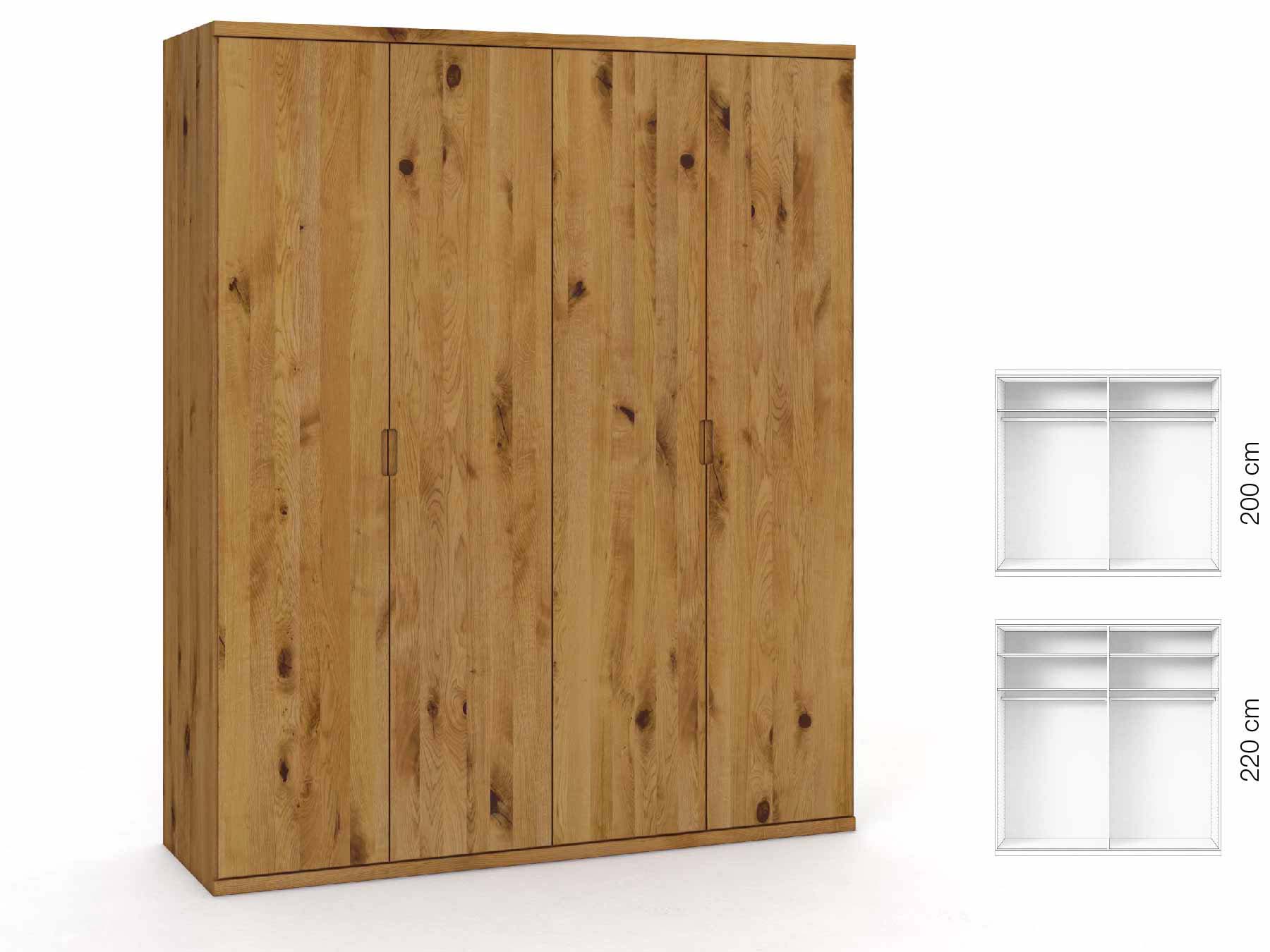 Wildeichenschrank „Romana“, 4-türig, Höhe 220 cm, Griffausführung „Lukas“, Inneneinrichtung: A