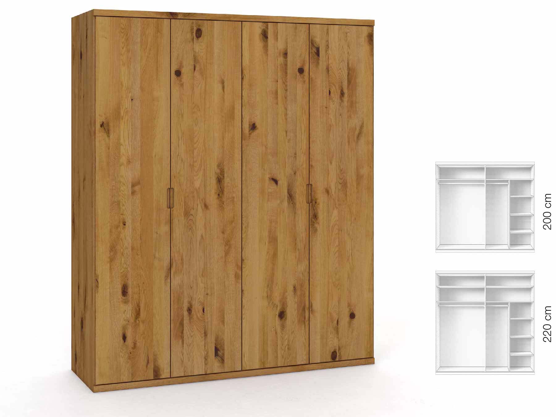 Wildeichenschrank „Romana“, 4-türig, Höhe 220 cm, Griffausführung „Lukas“, Inneneinrichtung: B