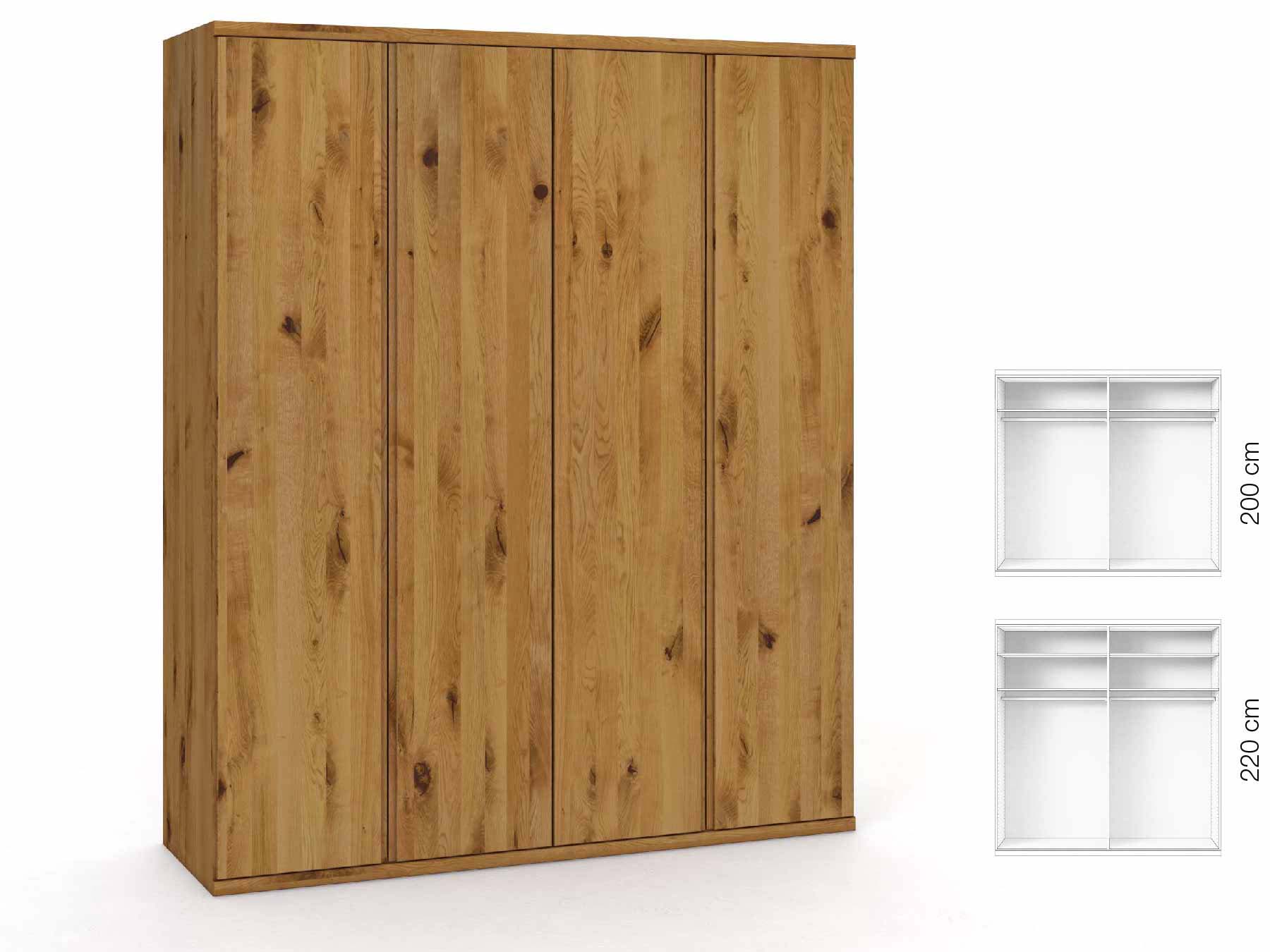 Wildeichenschrank „Romana“, 4-türig, Höhe 220 cm, Griffausführung „Patrizia“, Inneneinrichtung: A