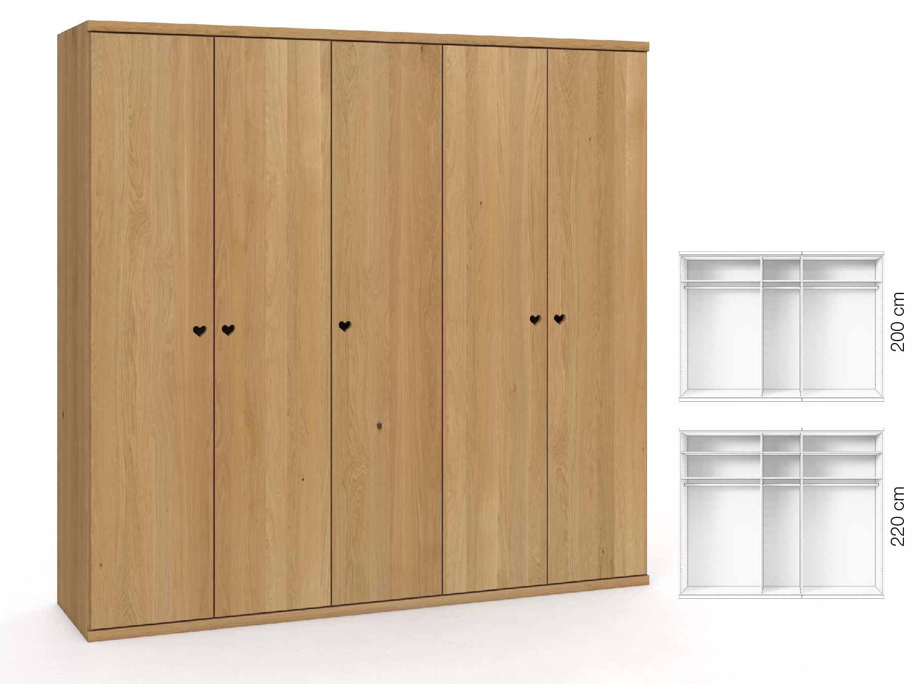 Eichenschrank Hell „Romana“, 5-türig, Höhe 220 cm, Griffausführung „Heidi“, Inneneinrichtung: A