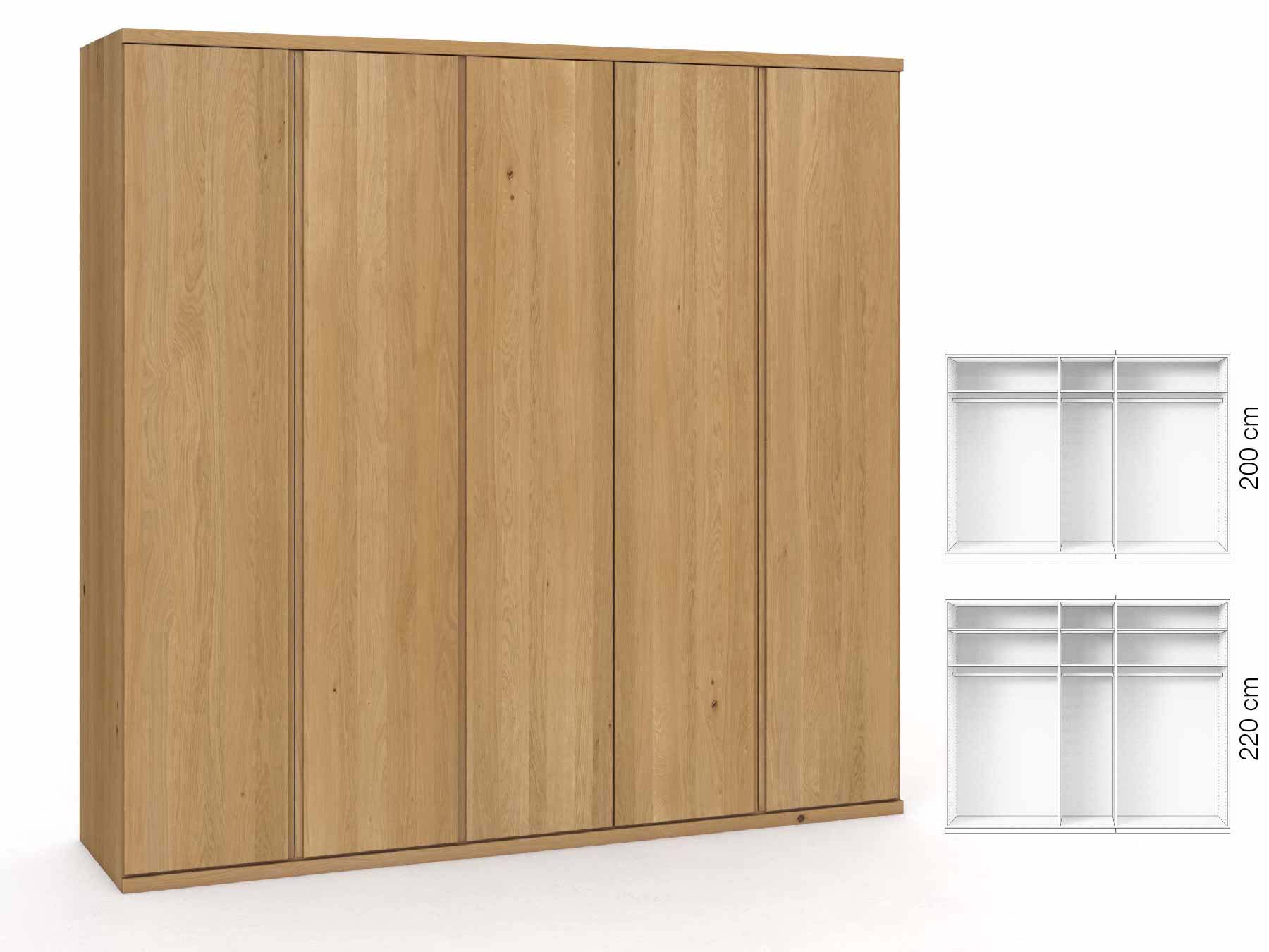 Eichenschrank Hell „Romana“, 5-türig, Höhe 220 cm, Griffausführung „Patrizia“, Inneneinrichtung: A