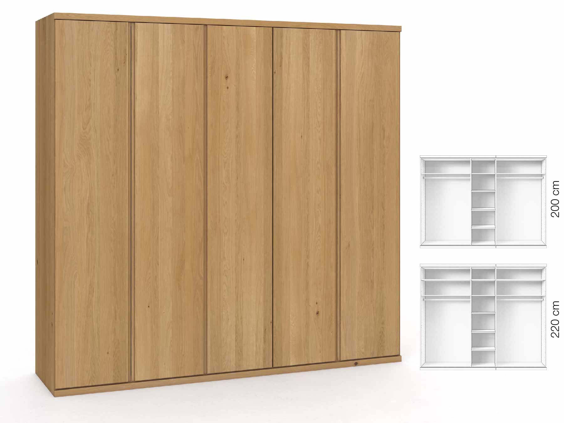 Eichenschrank Hell „Romana“, 5-türig, Höhe 220 cm, Griffausführung „Patrizia“, Inneneinrichtung: B