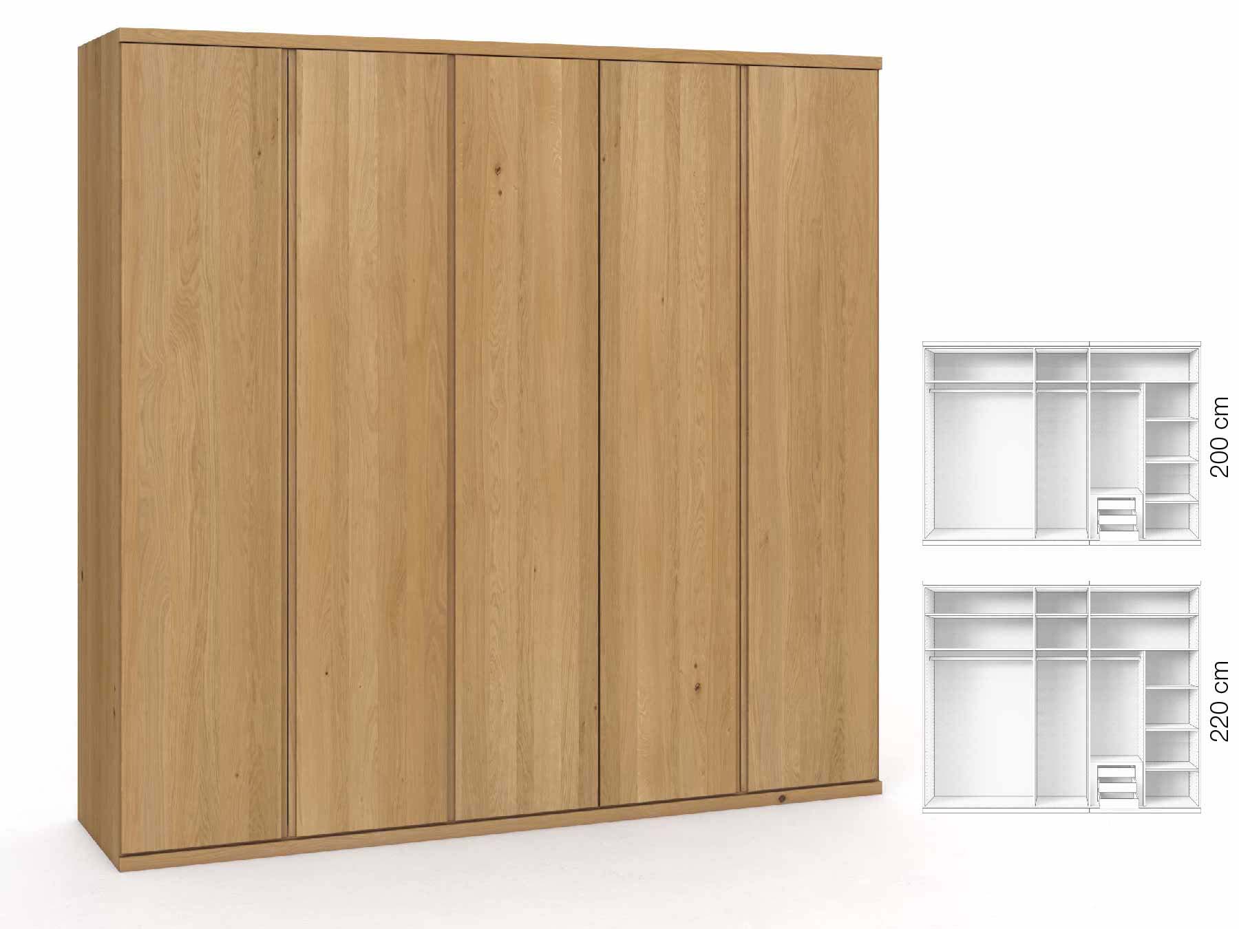 Eichenschrank Hell „Romana“, 5-türig, Höhe 220 cm, Griffausführung „Patrizia“, Inneneinrichtung: D