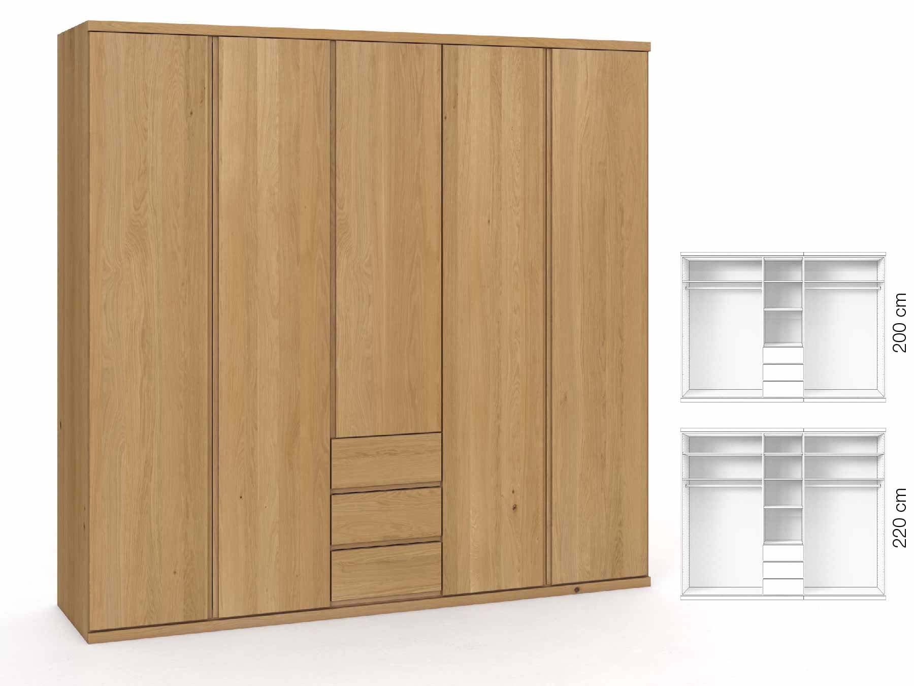 Eichenschrank Hell „Romana“, 5-türig, Höhe 220 cm, Griffausführung „Patrizia“, Inneneinrichtung: E