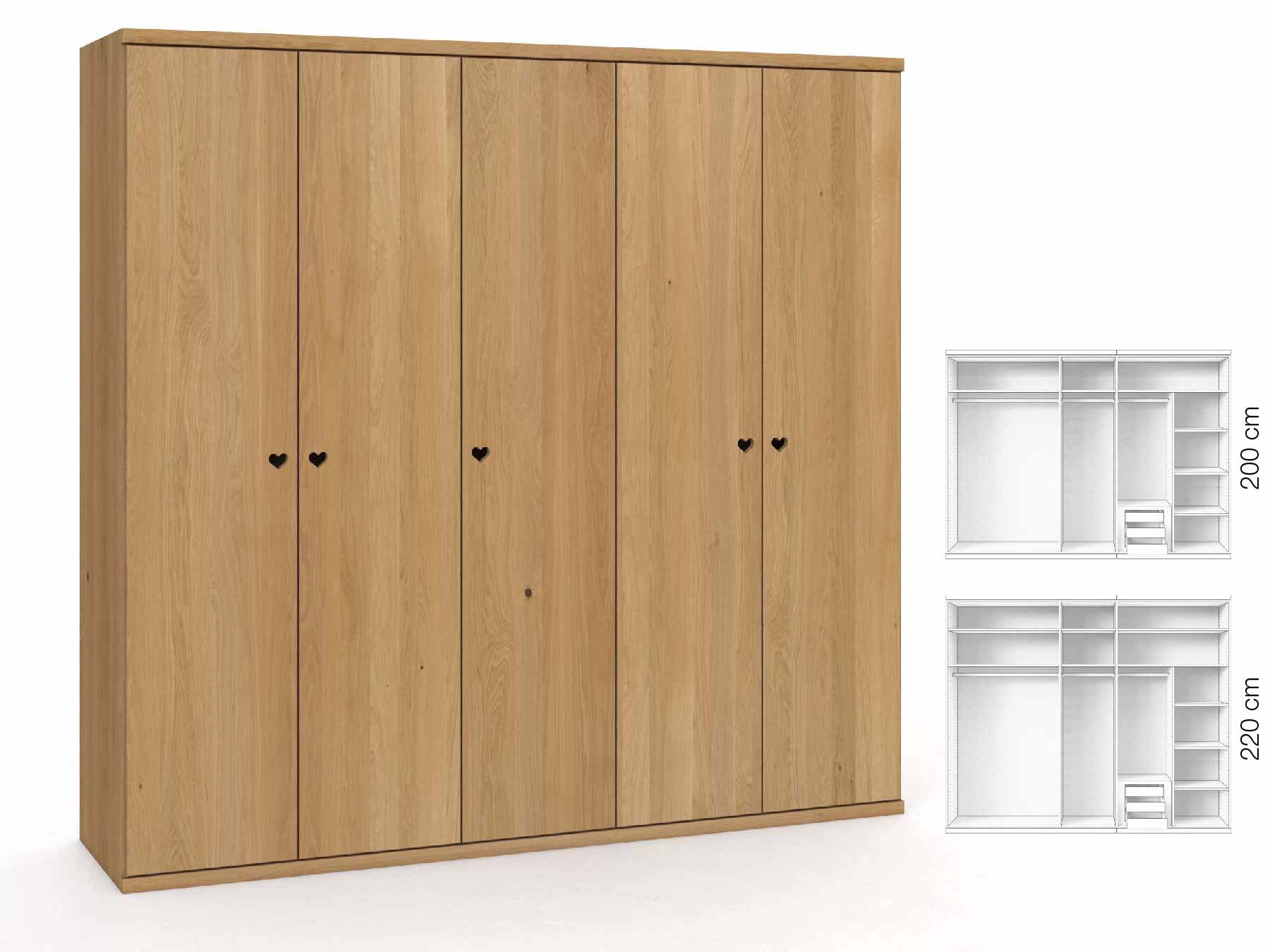 Eichenschrank Hell „Romana“, 5-türig, Höhe 220 cm, Griffausführung „Heidi“, Inneneinrichtung: D