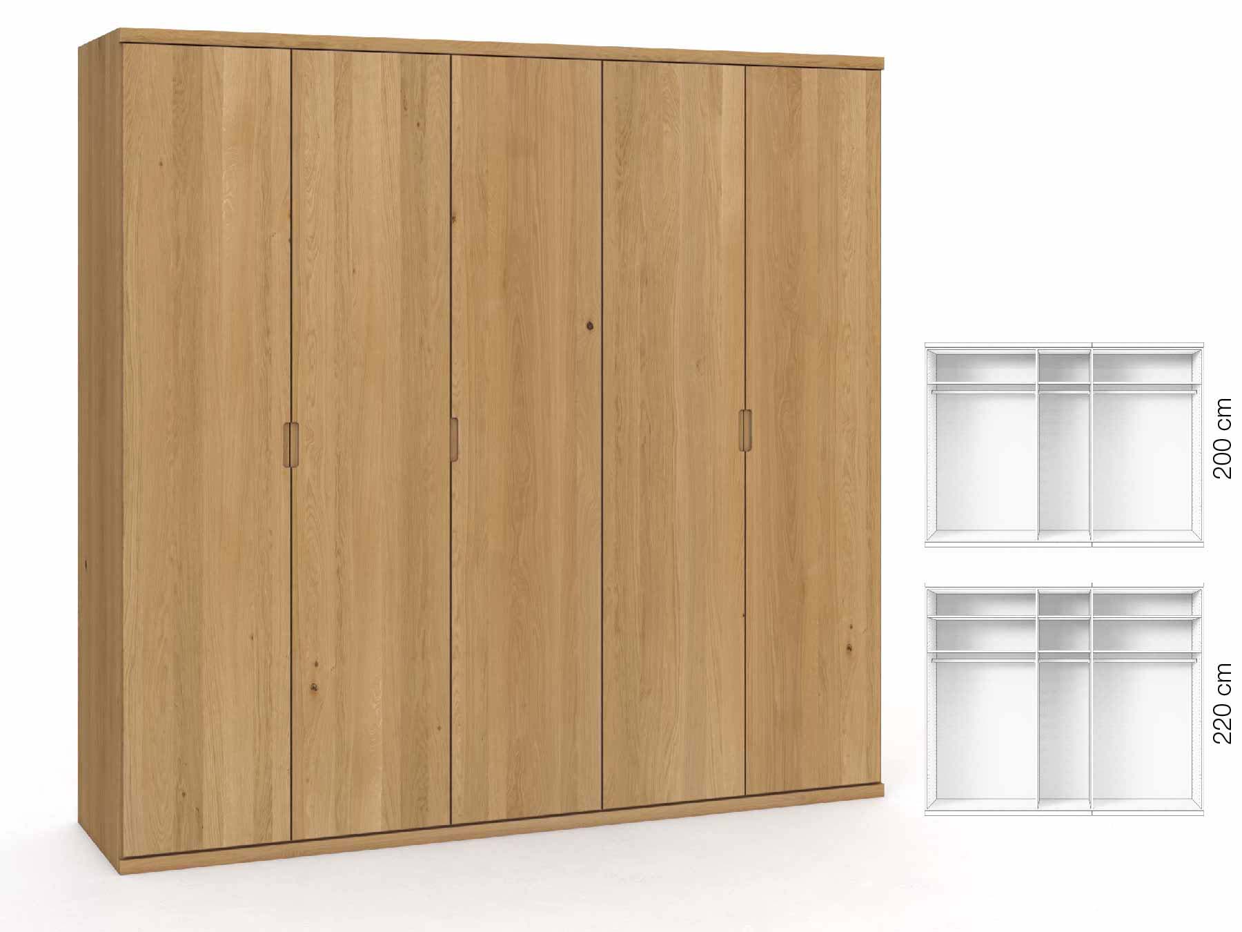 Eichenschrank Hell „Romana“, 5-türig, Höhe 220 cm, Griffausführung „Lukas“, Inneneinrichtung: A