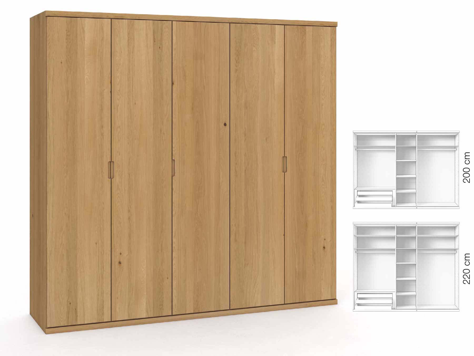 Eichenschrank Hell „Romana“, 5-türig, Höhe 220 cm, Griffausführung „Lukas“, Inneneinrichtung: C
