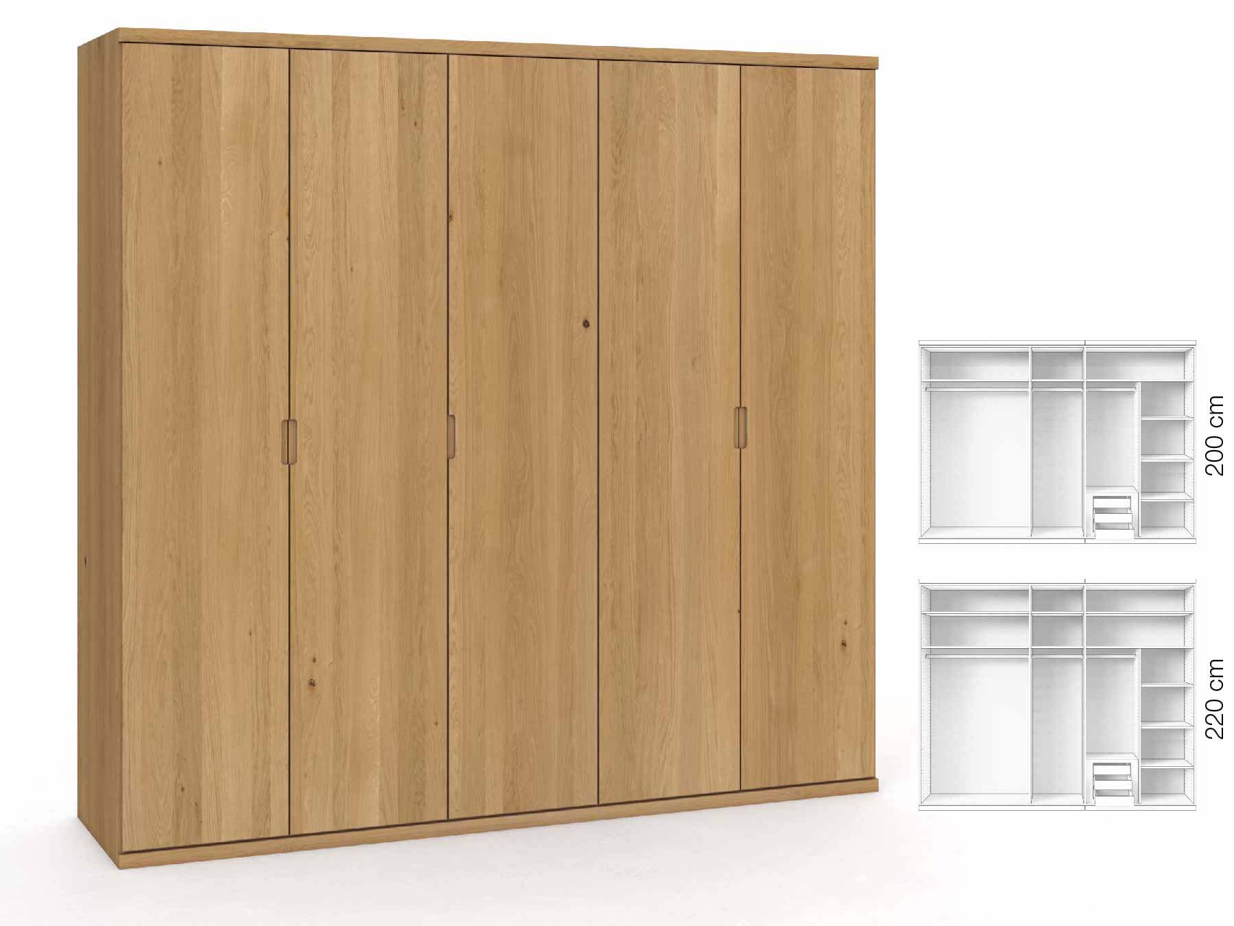 Eichenschrank Hell „Romana“, 5-türig, Höhe 220 cm, Griffausführung „Lukas“, Inneneinrichtung: D