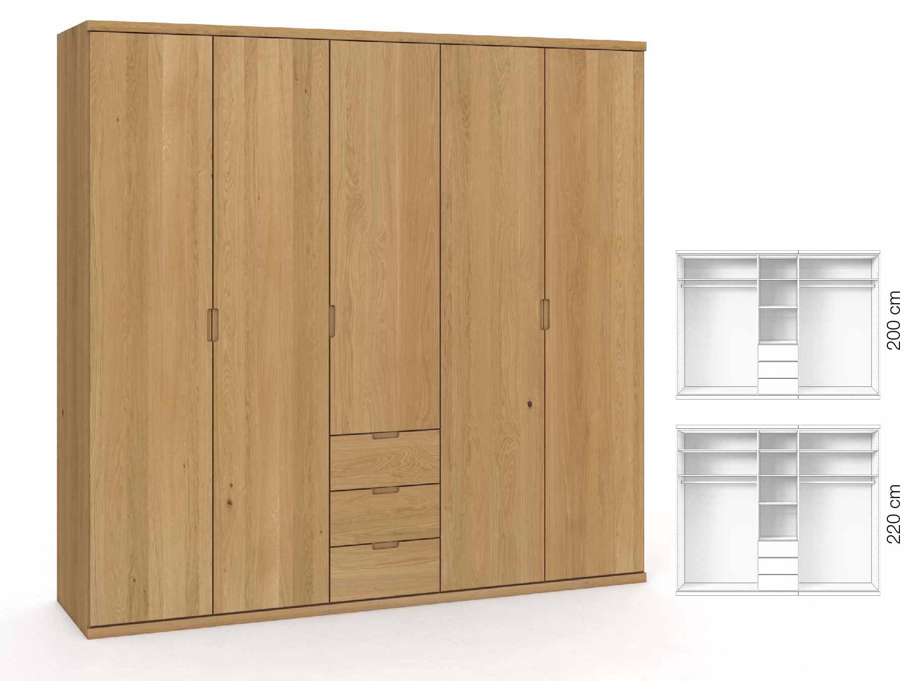 Eichenschrank Hell „Romana“, 5-türig, Höhe 220 cm, Griffausführung „Lukas“, Inneneinrichtung: E