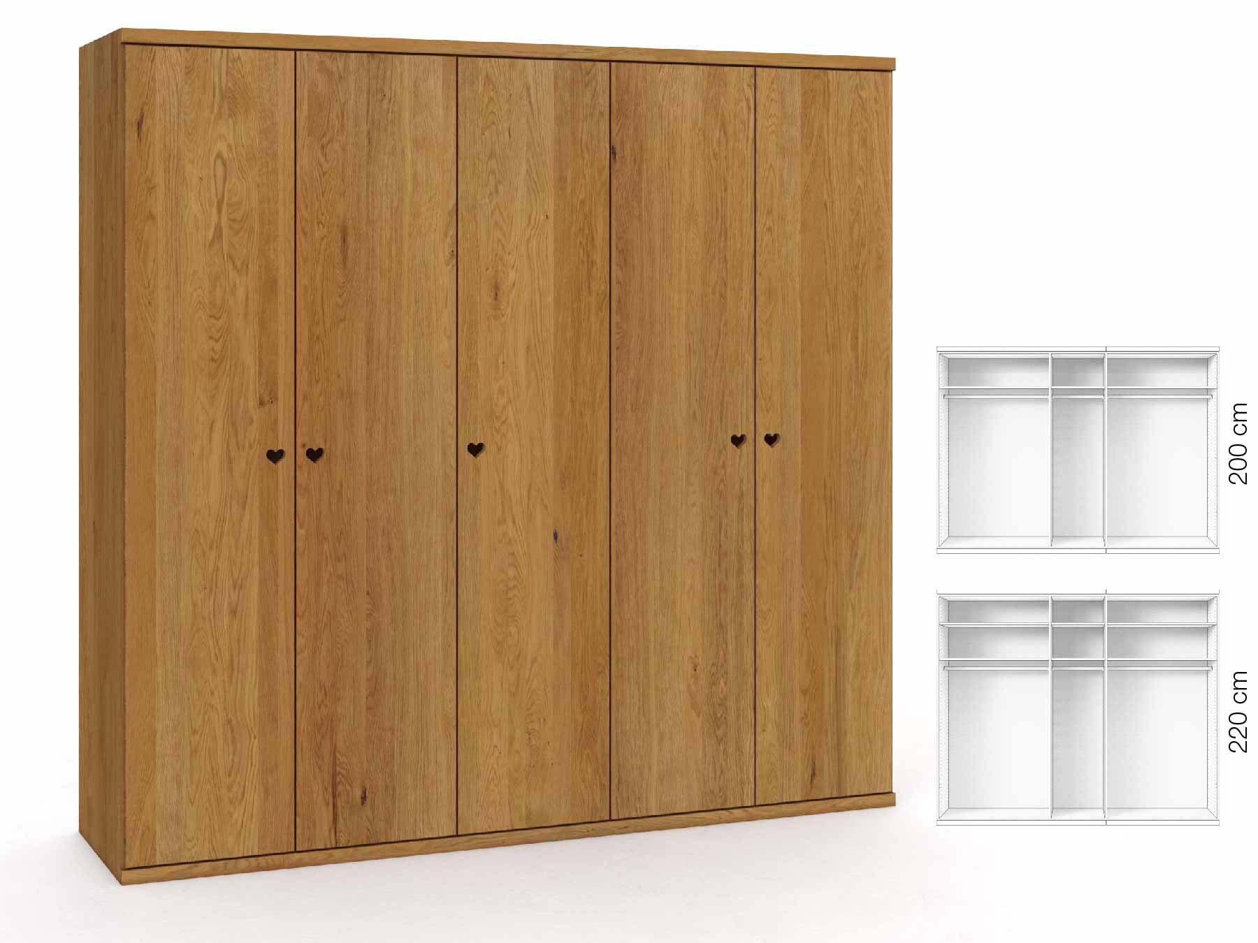 Eichenschrank „Romana“, 5-türig, Höhe 220 cm, Griffausführung „Heidi“, Inneneinrichtung: A