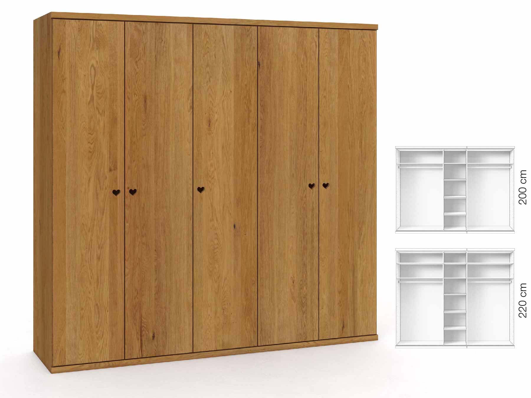 Eichenschrank „Romana“, 5-türig, Höhe 220 cm, Griffausführung „Heidi“, Inneneinrichtung: B