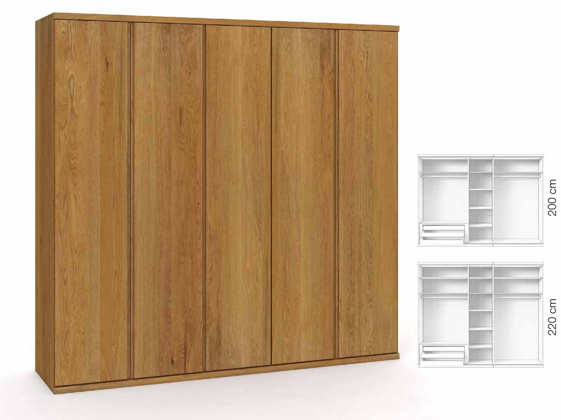 Eichenschrank „Romana“, 5-türig, Höhe 220 cm, Griffausführung „Patrizia“, Inneneinrichtung: C