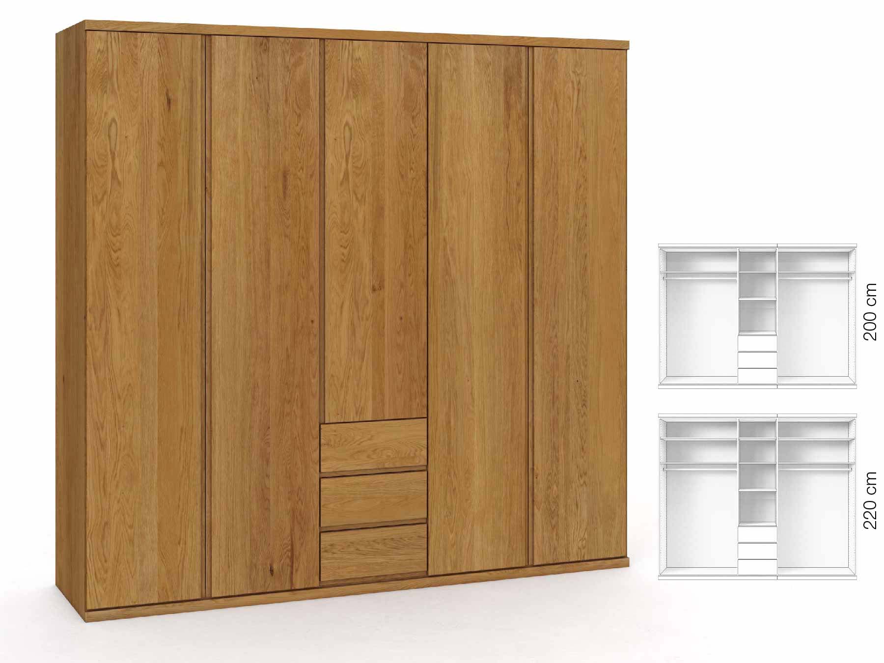 Eichenschrank „Romana“, 5-türig, Höhe 220 cm, Griffausführung „Patrizia“, Inneneinrichtung: E