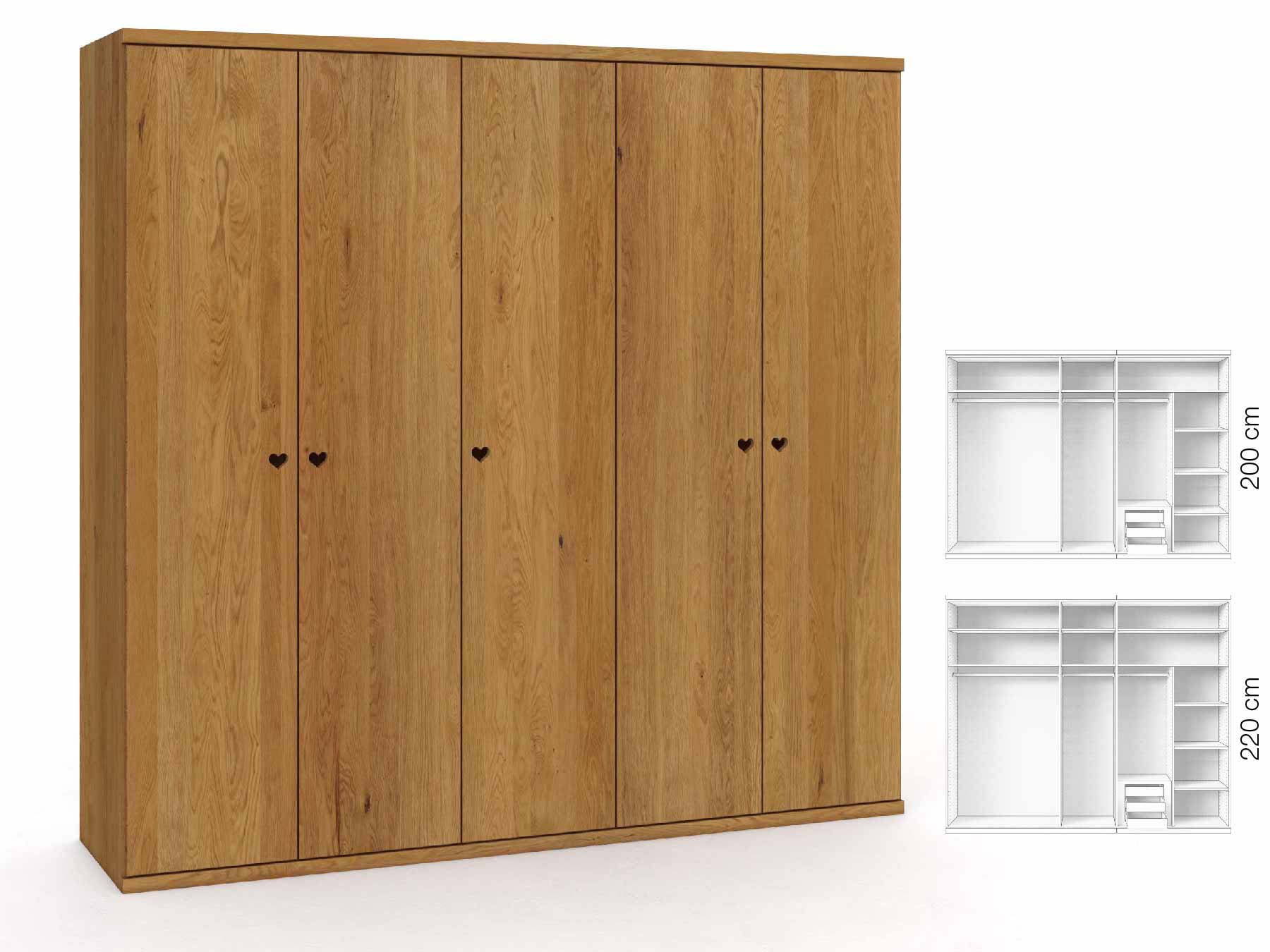 Eichenschrank „Romana“, 5-türig, Höhe 220 cm, Griffausführung „Heidi“, Inneneinrichtung: D