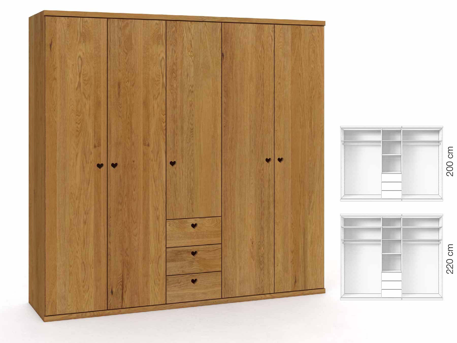 Eichenschrank „Romana“, 5-türig, Höhe 220 cm, Griffausführung „Heidi“, Inneneinrichtung: E
