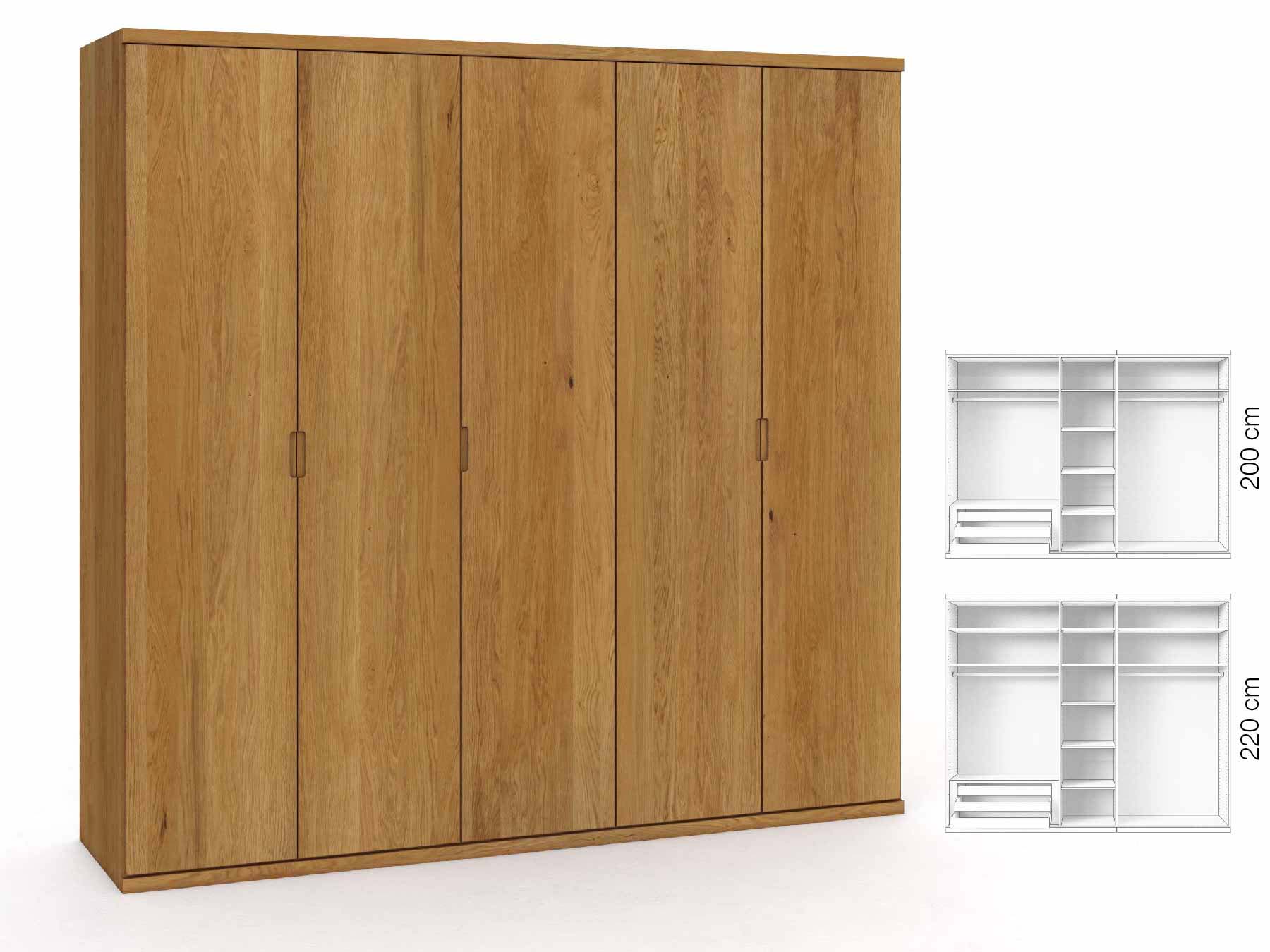 Eichenschrank „Romana“, 5-türig, Höhe 220 cm, Griffausführung „Lukas“, Inneneinrichtung: C