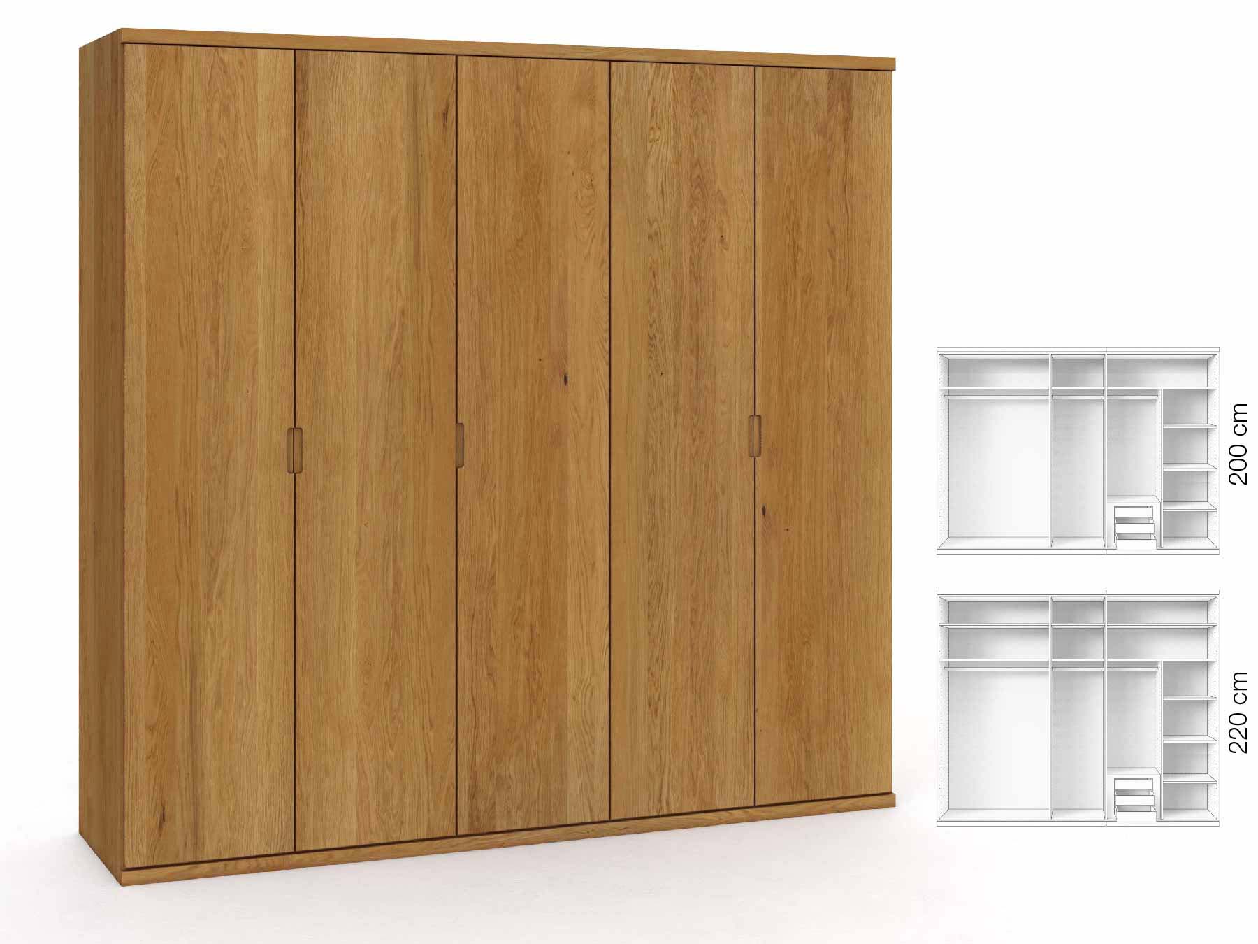 Eichenschrank „Romana“, 5-türig, Höhe 220 cm, Griffausführung „Lukas“, Inneneinrichtung: D