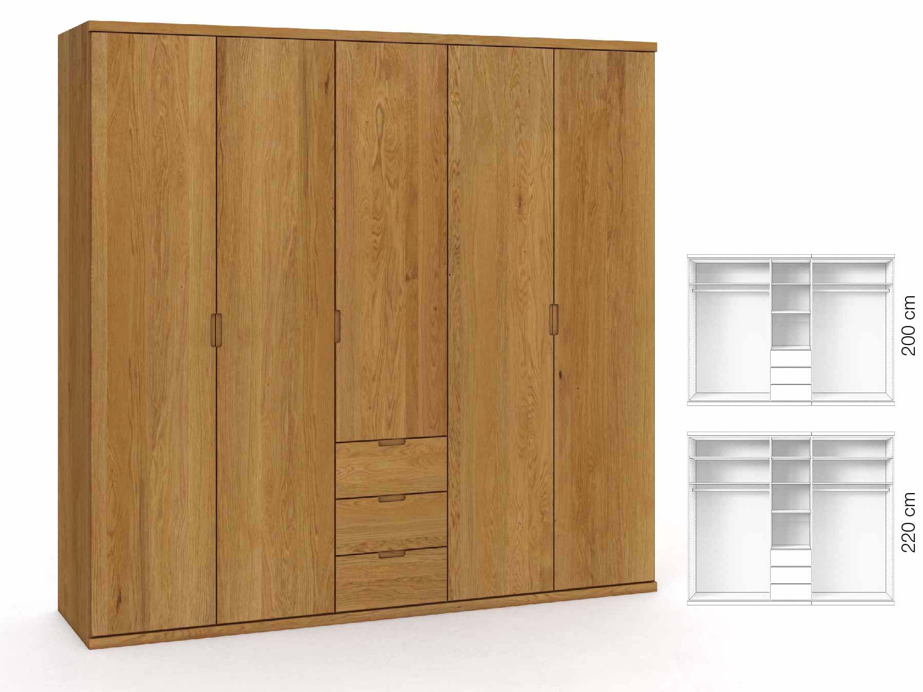 Eichenschrank „Romana“, 5-türig, Höhe 220 cm, Griffausführung „Lukas“, Inneneinrichtung: E