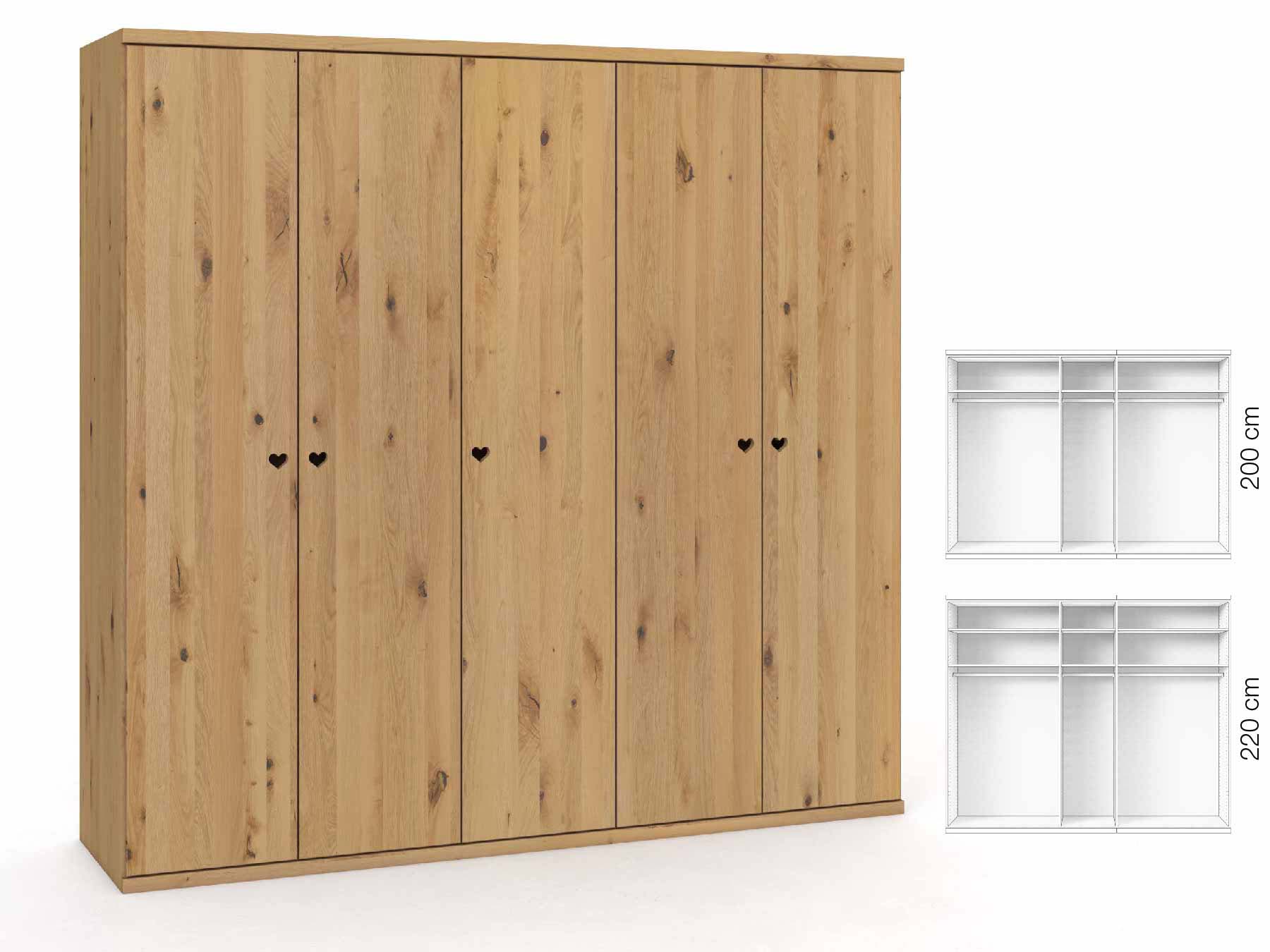 Wildeichenschrank Hell „Romana“, 5-türig, Höhe 220 cm, Griffausführung „Heidi“, Inneneinrichtung: A