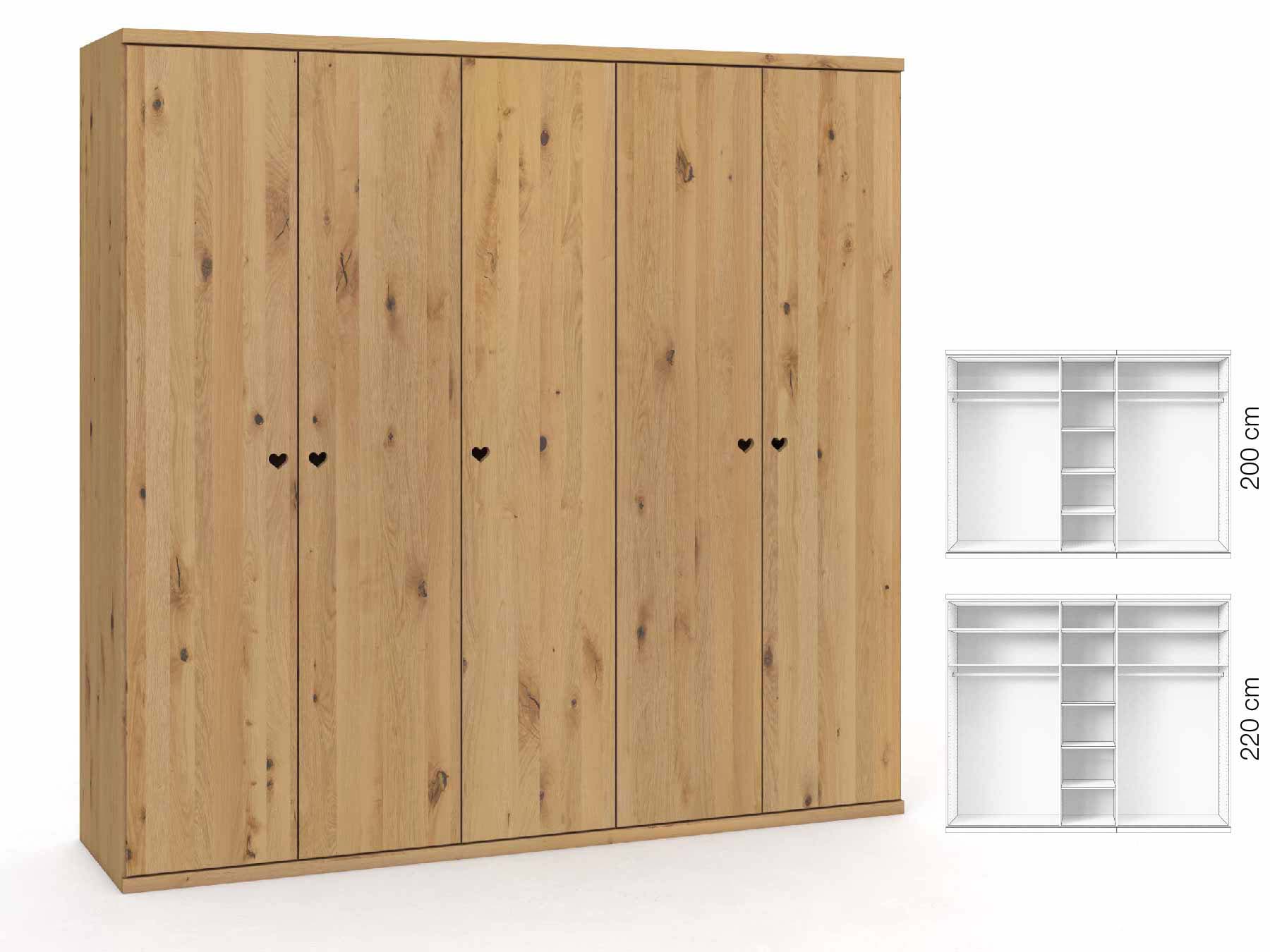 Wildeichenschrank Hell „Romana“, 5-türig, Höhe 220 cm, Griffausführung „Heidi“, Inneneinrichtung: B