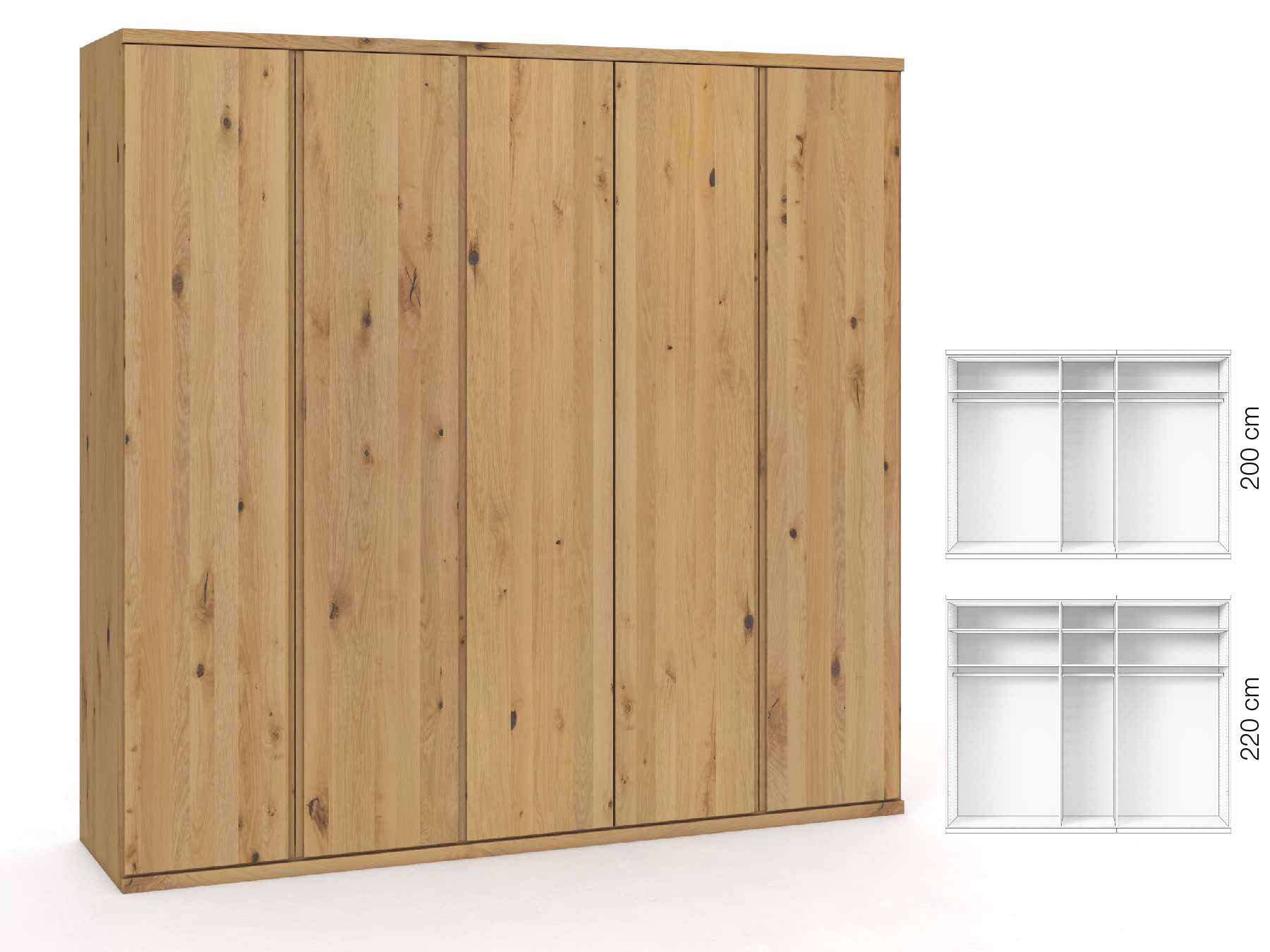 Wildeichenschrank Hell „Romana“, 5-türig, Höhe 220 cm, Griffausführung „Patrizia“, Inneneinrichtung: A