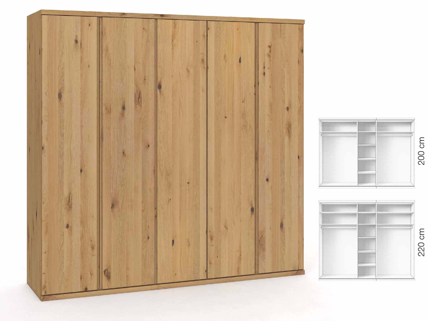Wildeichenschrank Hell „Romana“, 5-türig, Höhe 220 cm, Griffausführung „Patrizia“, Inneneinrichtung: B