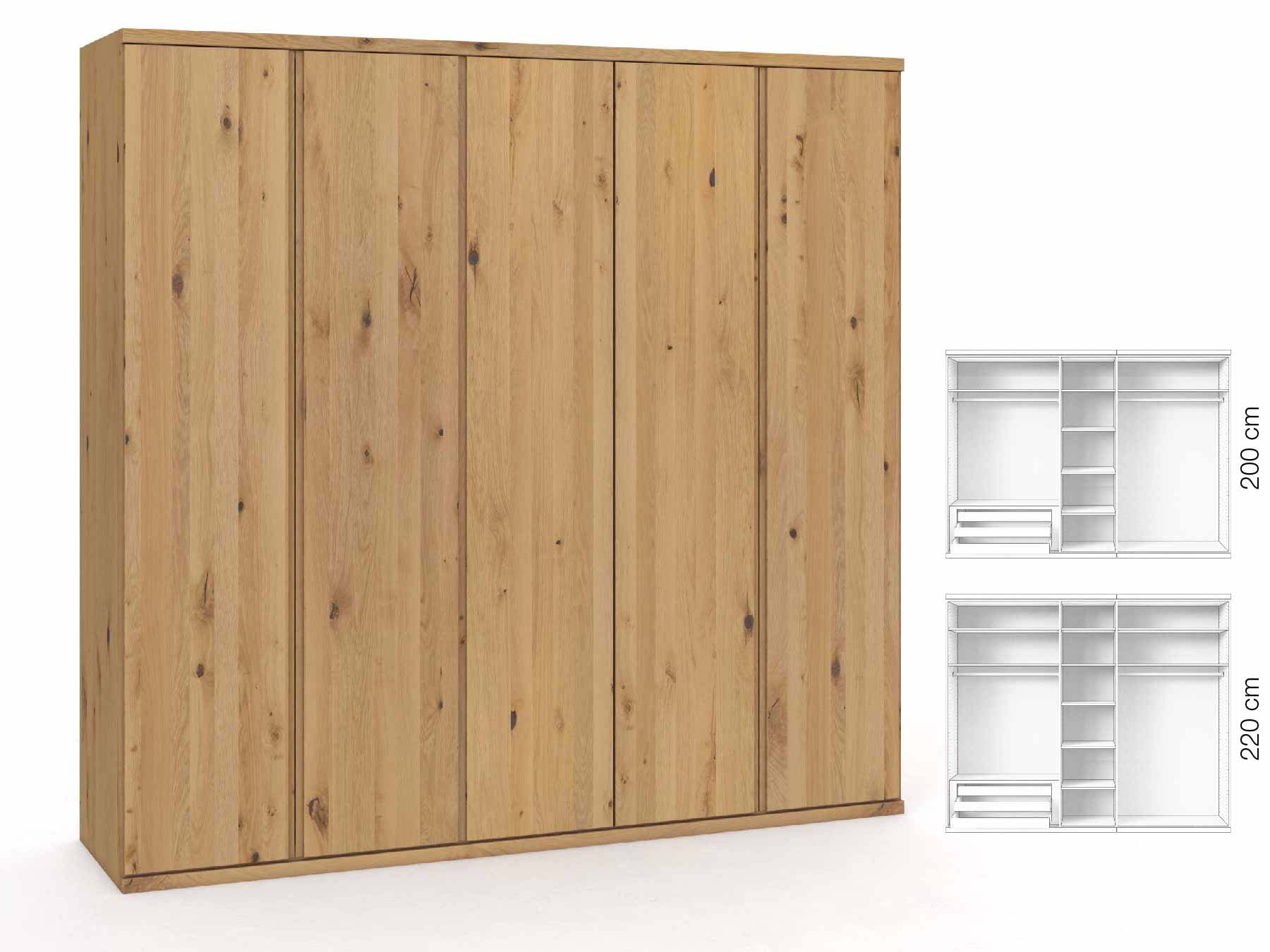 Wildeichenschrank Hell „Romana“, 5-türig, Höhe 220 cm, Griffausführung „Patrizia“, Inneneinrichtung: C