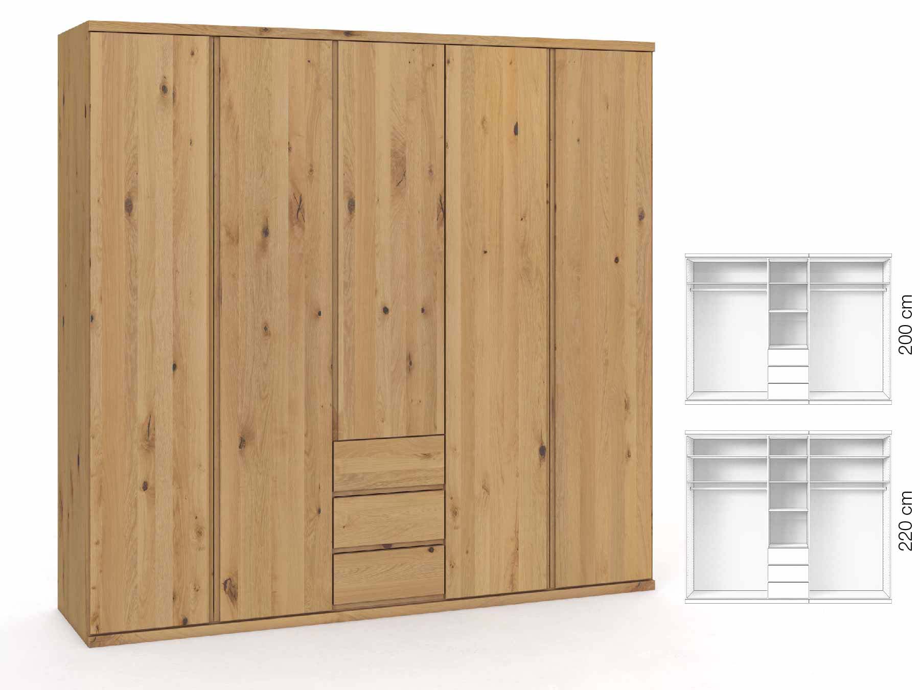 Wildeichenschrank Hell „Romana“, 5-türig, Höhe 220 cm, Griffausführung „Patrizia“, Inneneinrichtung: E